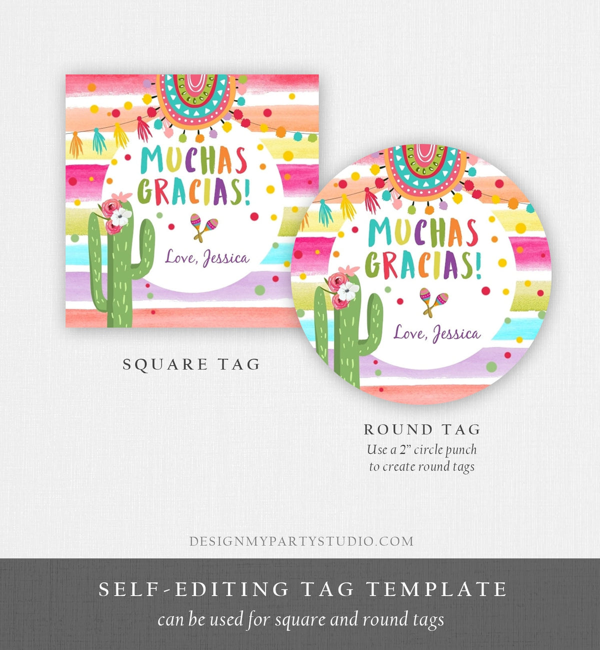 Editable Fiesta Favor Tags Muchas Gracias Thank You Tags Cactus Succulent Mexican Birthday Baby Bridal Shower Taco Bout Corjl Template 0134