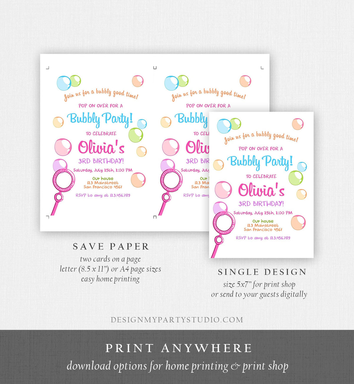 Editable Bubble Birthday Invitation Bubbles Birthday Party Invite Pop Girl Pink Purple Summer Digital Download Evite Template Printable 0035