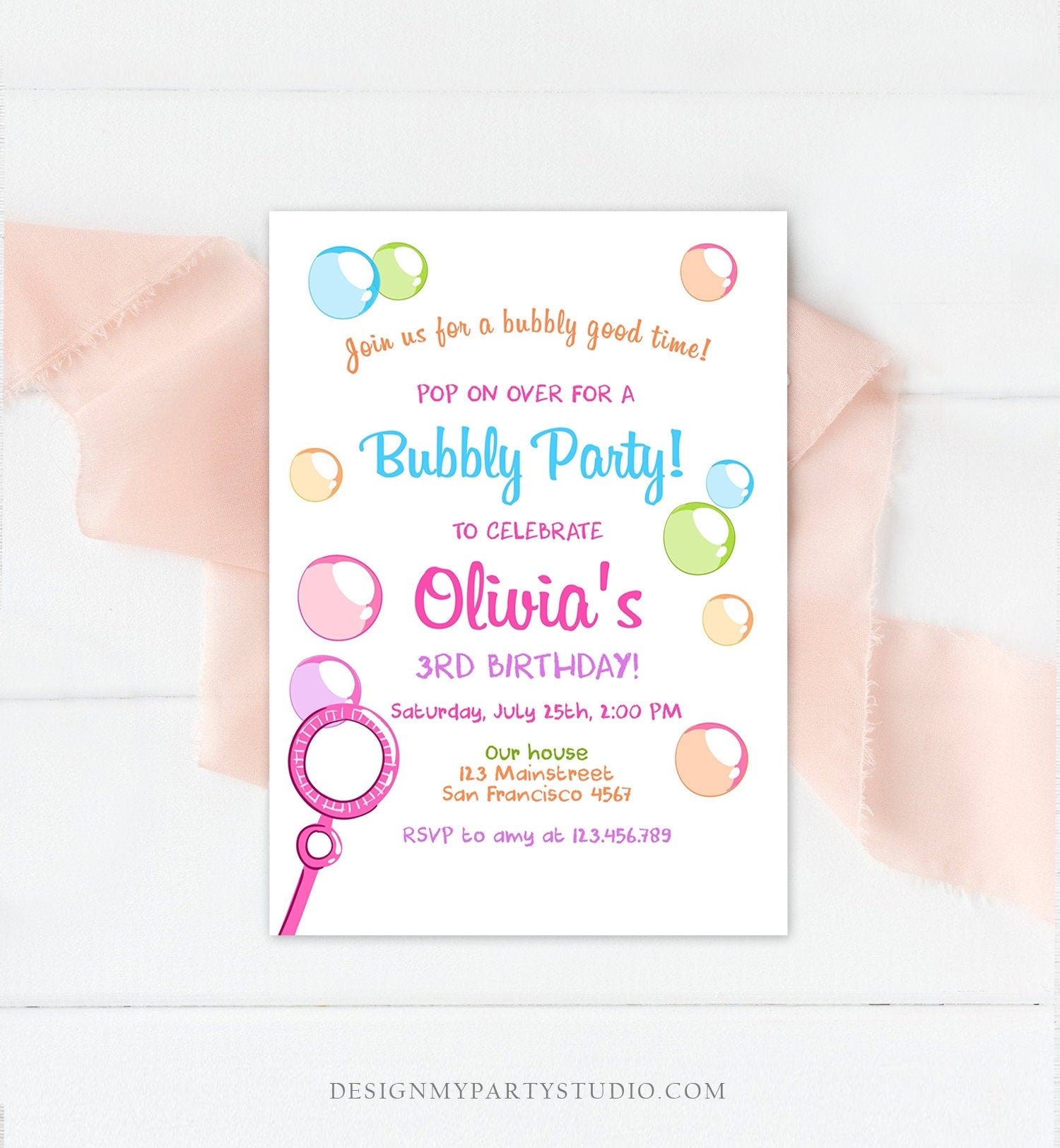 Editable Bubble Birthday Invitation Bubbles Birthday Party Invite Pop Girl Pink Purple Summer Digital Download Evite Template Printable 0035