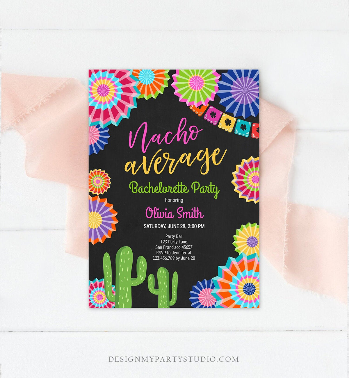 Editable Fiesta Nacho Average Bachelorette Party Invitation Cactus Mexican Bridal Shower Digital Download Corjl Template Printable 0236