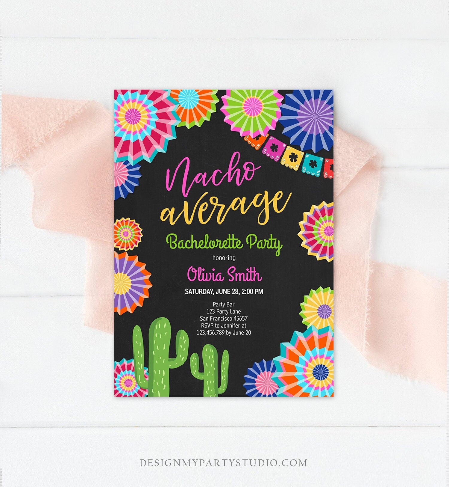 Editable Fiesta Nacho Average Bachelorette Party Invitation Cactus Mexican Bridal Shower Digital Download Corjl Template Printable 0236