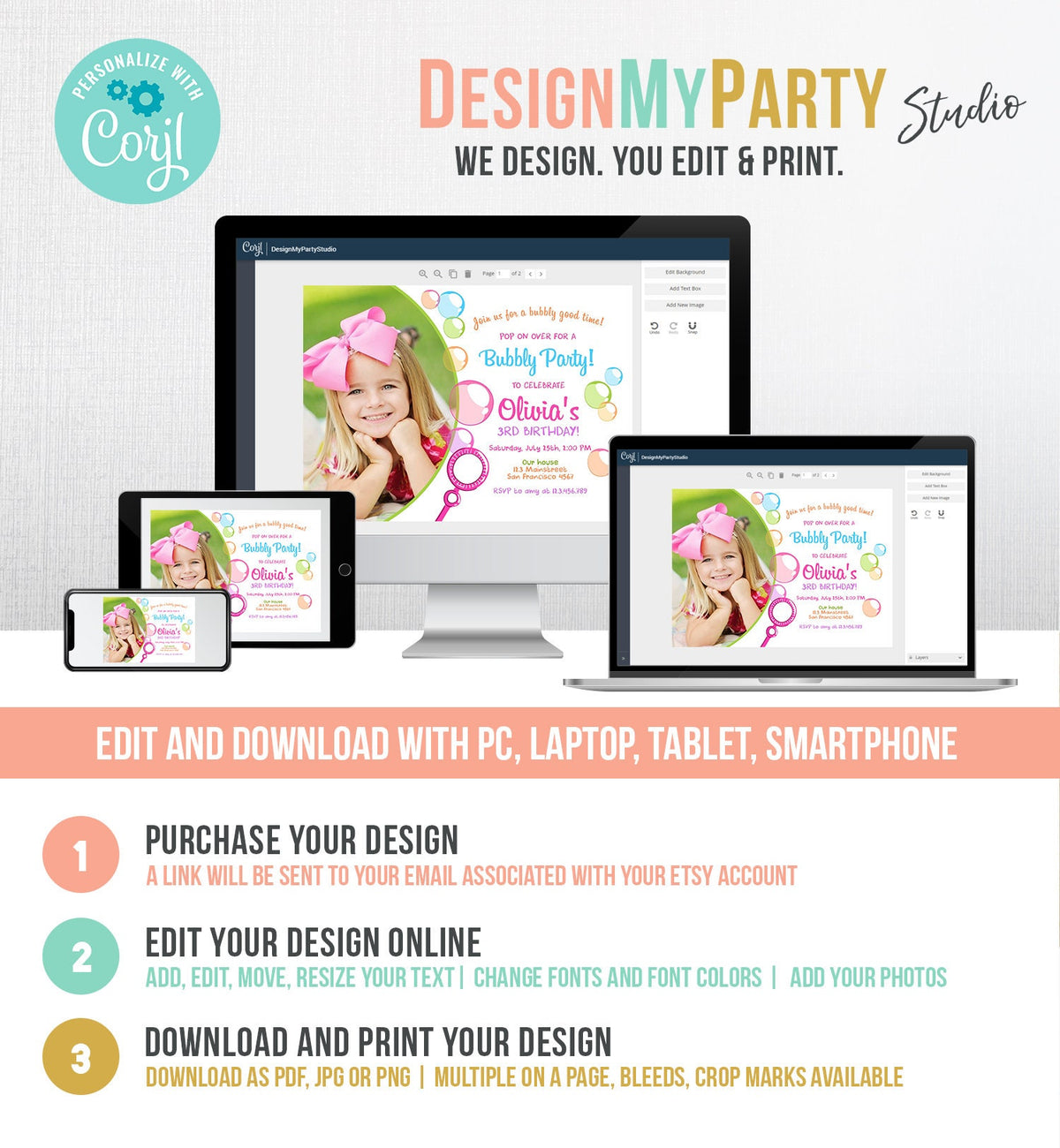 Editable Bubble Birthday Invitation Bubbles Birthday Party Invite Pop Girl Pink Purple Summer Digital Download Corjl Template Printable 0035