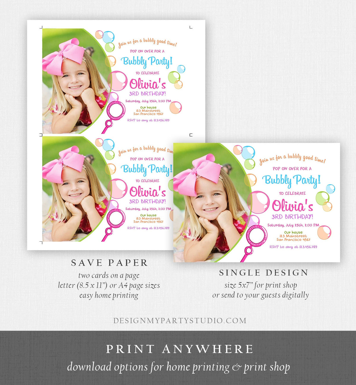 Editable Bubble Birthday Invitation Bubbles Birthday Party Invite Pop Girl Pink Purple Summer Digital Download Corjl Template Printable 0035