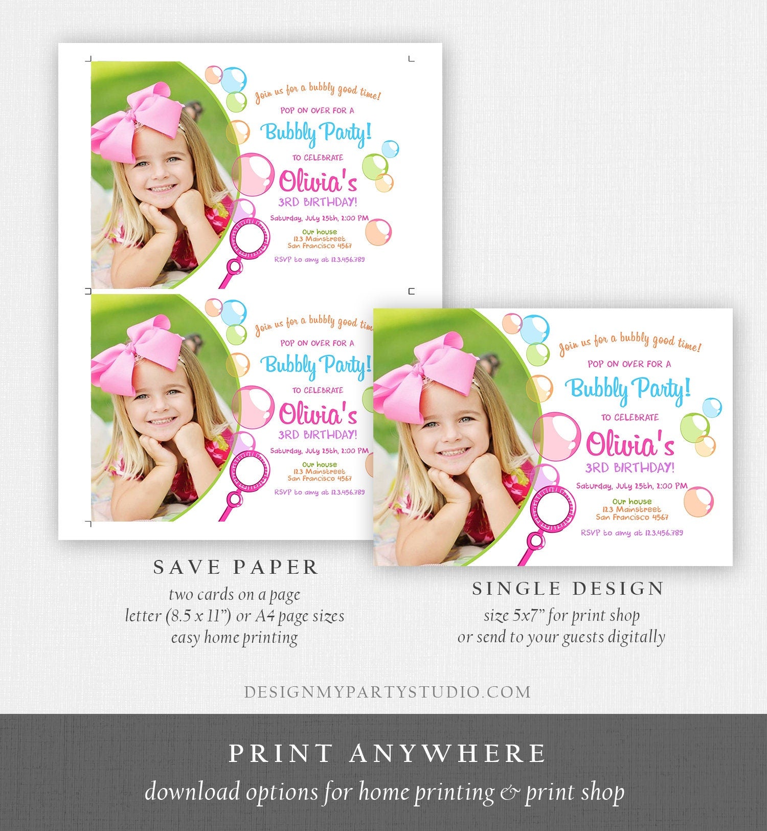 Editable Bubble Birthday Invitation Bubbles Birthday Party Invite Pop Girl Pink Purple Summer Digital Download Corjl Template Printable 0035