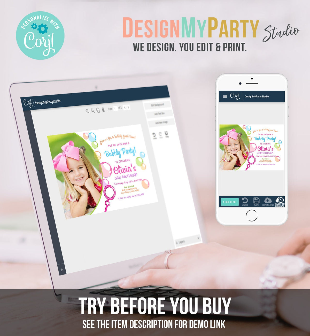 Editable Bubble Birthday Invitation Bubbles Birthday Party Invite Pop Girl Pink Purple Summer Digital Download Corjl Template Printable 0035