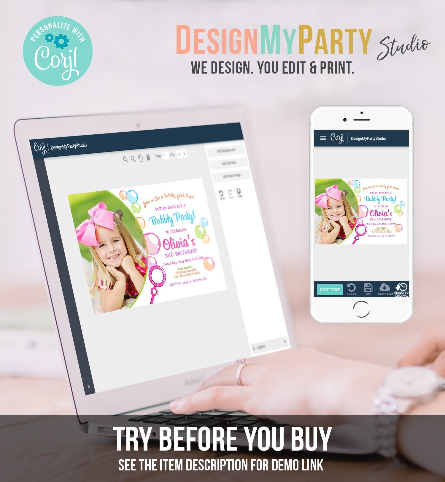 Editable Bubble Birthday Invitation Bubbles Birthday Party Invite Pop Girl Pink Purple Summer Digital Download Corjl Template Printable 0035