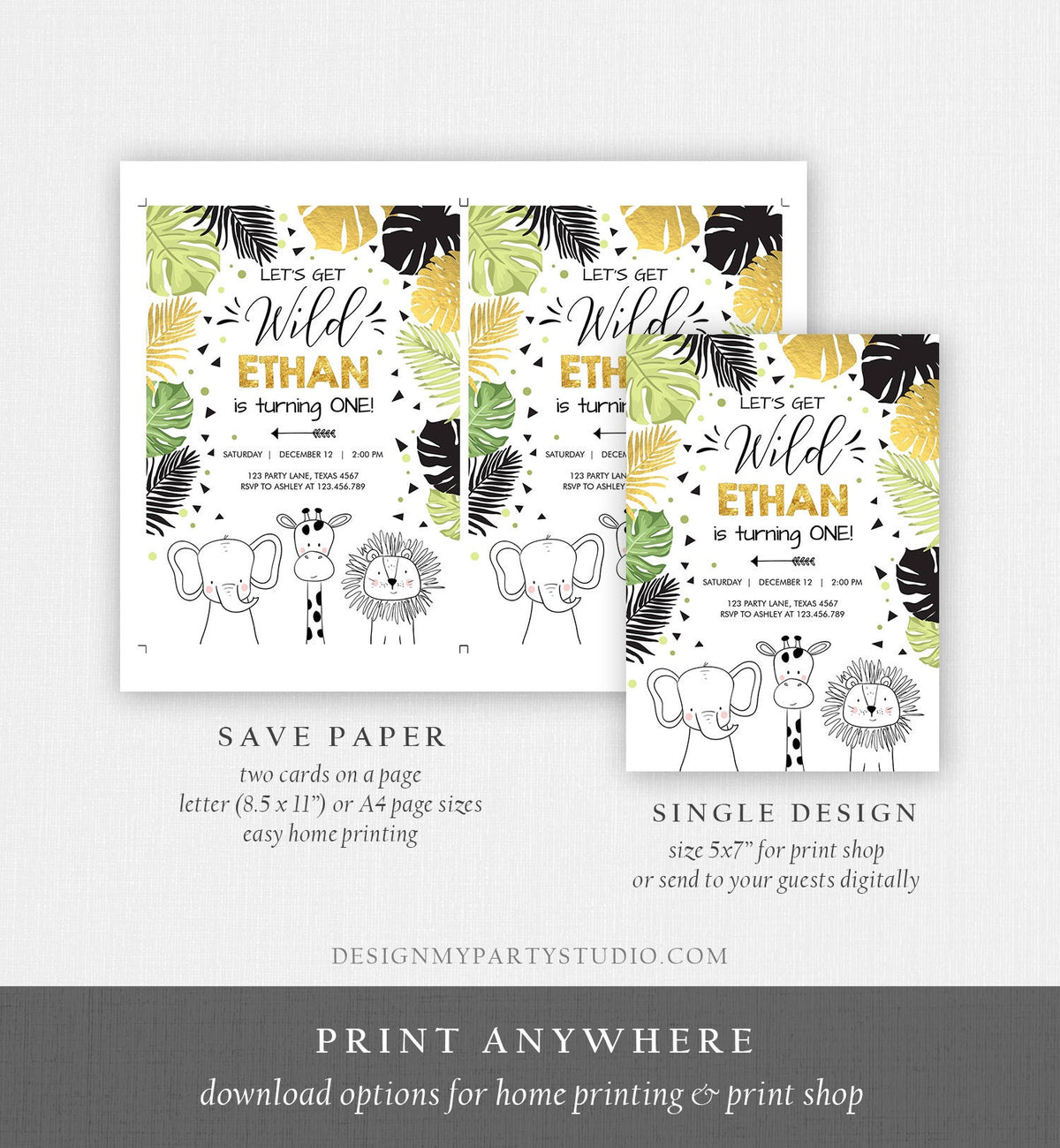 Editable Safari Animals Birthday Invitation Boy Girl First Birthday Let&#39;s Get Wild One Jungle Zoo Animals Black Modern Corjl Template 0039