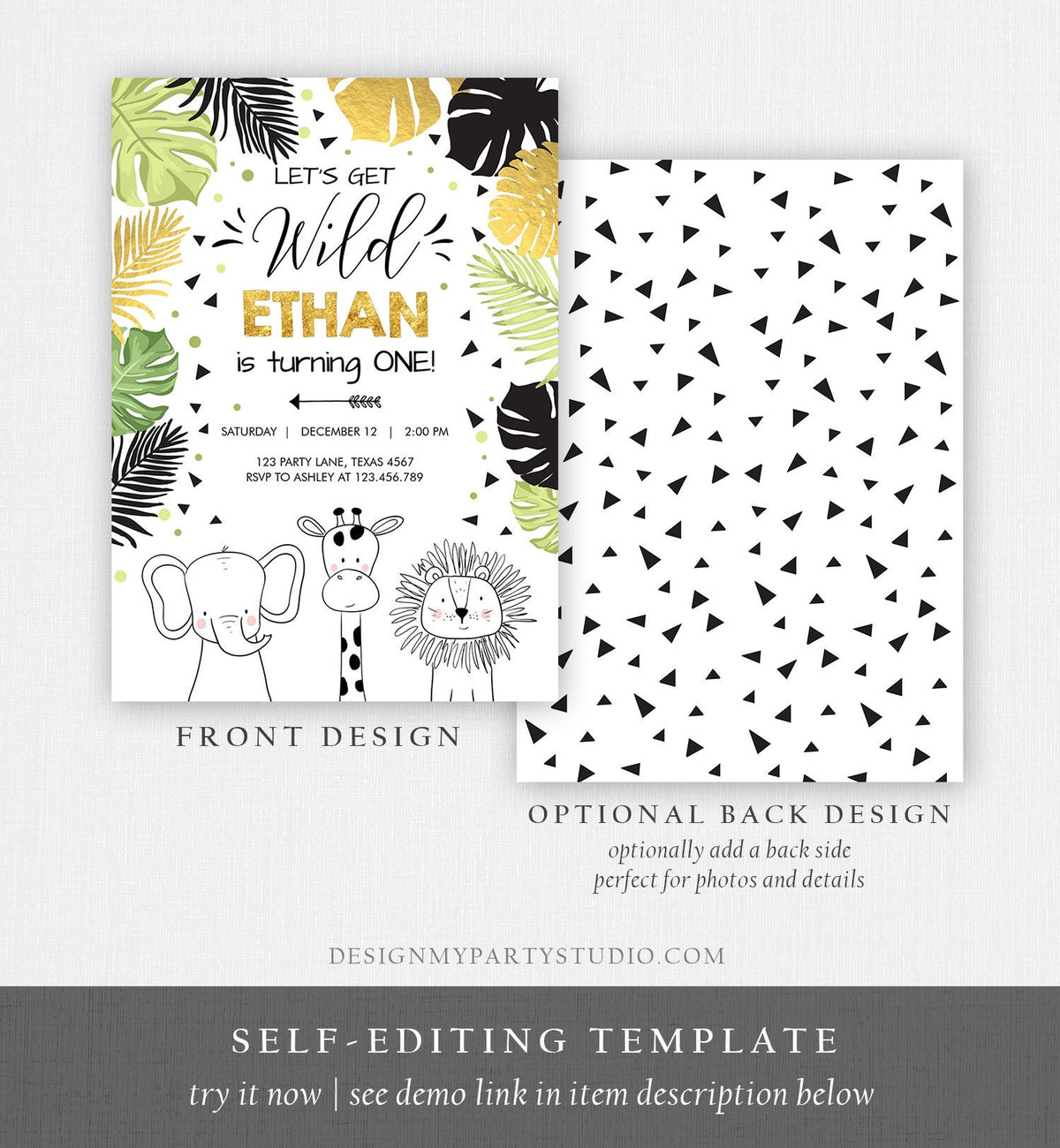 Editable Safari Animals Birthday Invitation Boy Girl First Birthday Let&#39;s Get Wild One Jungle Zoo Animals Black Modern Corjl Template 0039