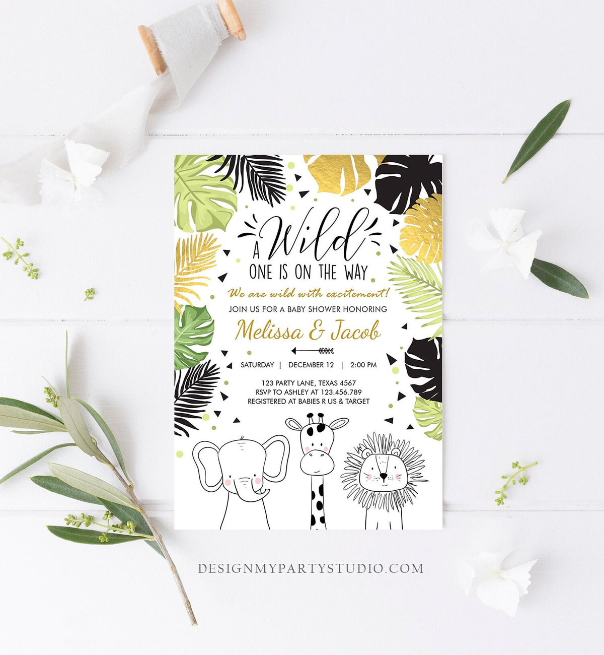 Editable Safari Animals Baby Shower Invitation Boy Girl Gender Neutral Wild One On the Way Jungle Zoo Animals Modern Corjl Template 0039