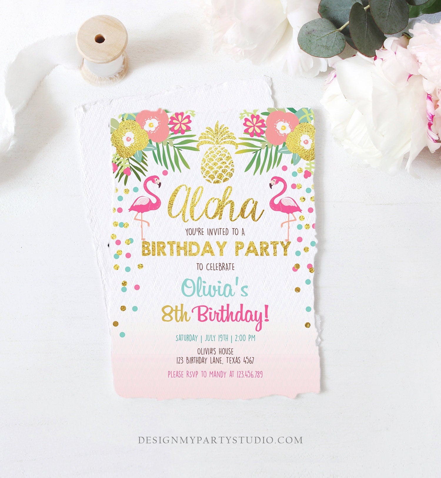 Editable Aloha Birthday Invitation Tropical Flamingo Luau Party Leaves Confetti Pink Gold Pineapple Hawaiian Evite Template Printable 0200