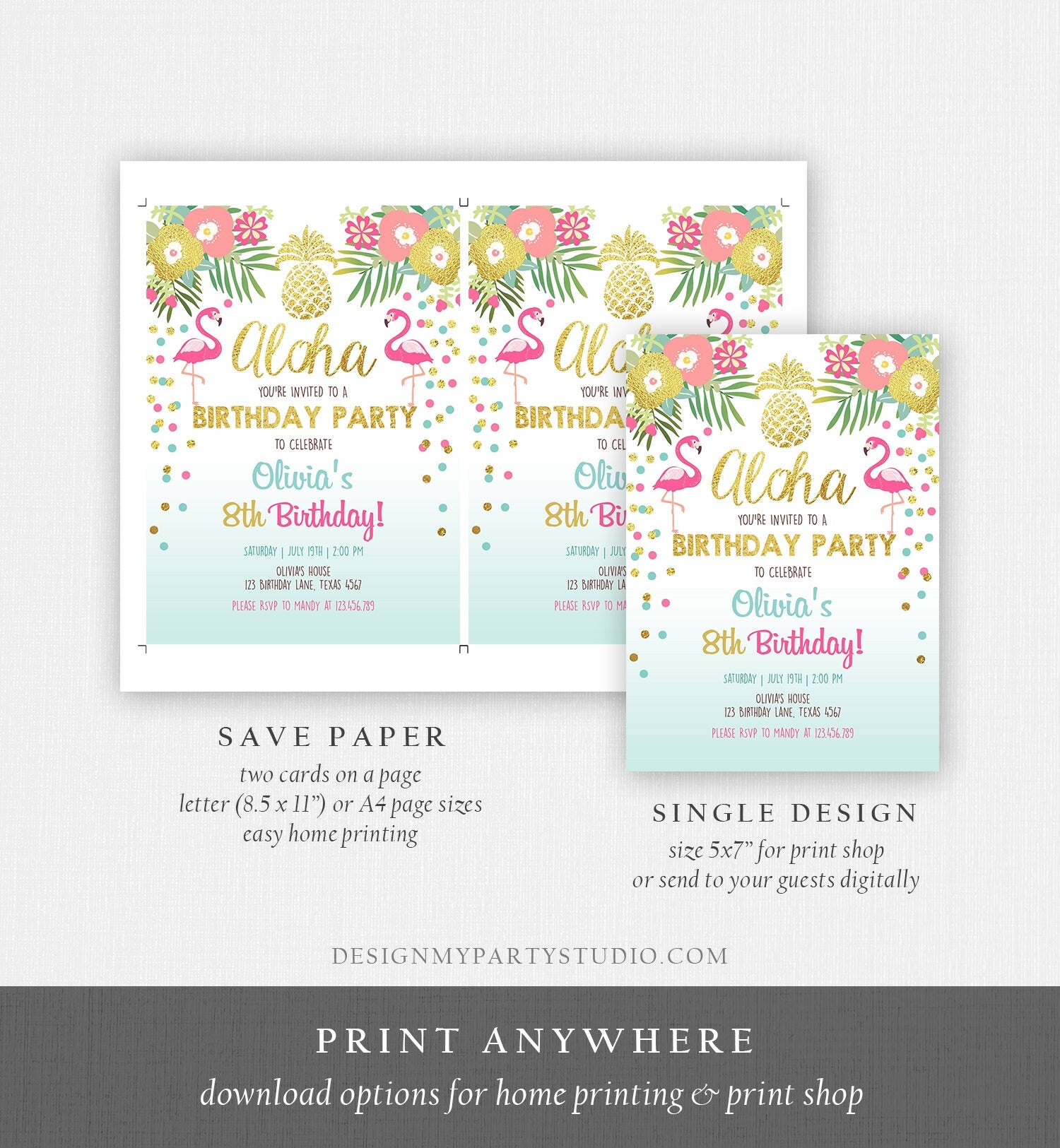 Editable Aloha Birthday Invitation Tropical Flamingo Luau Party Leaves Confetti Blue Gold Pineapple Hawaiian Corjl Template Printable 0200