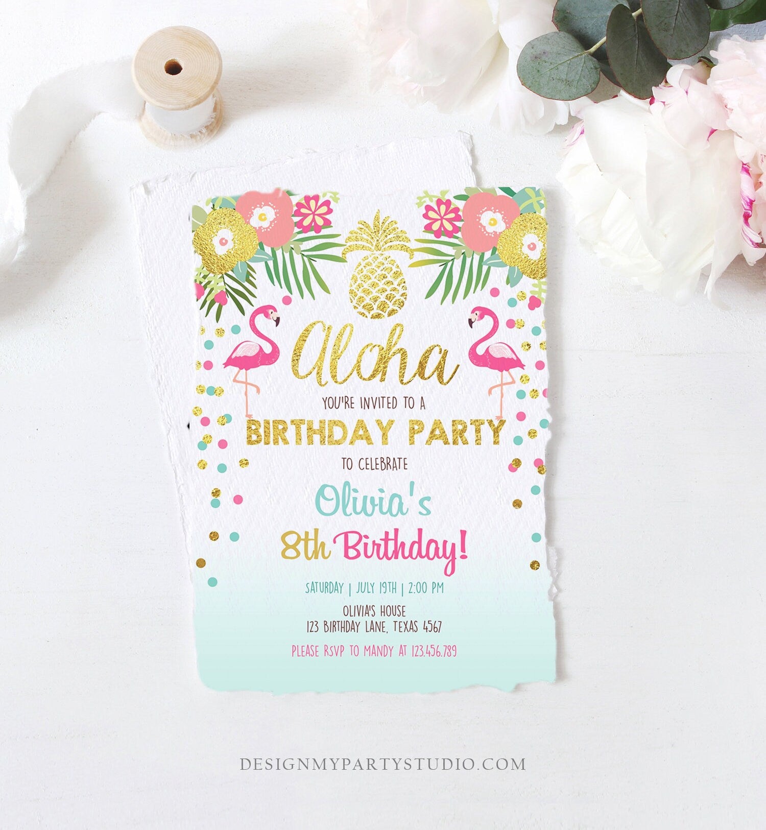 Editable Aloha Birthday Invitation Tropical Flamingo Luau Party Leaves Confetti Blue Gold Pineapple Hawaiian Corjl Template Printable 0200