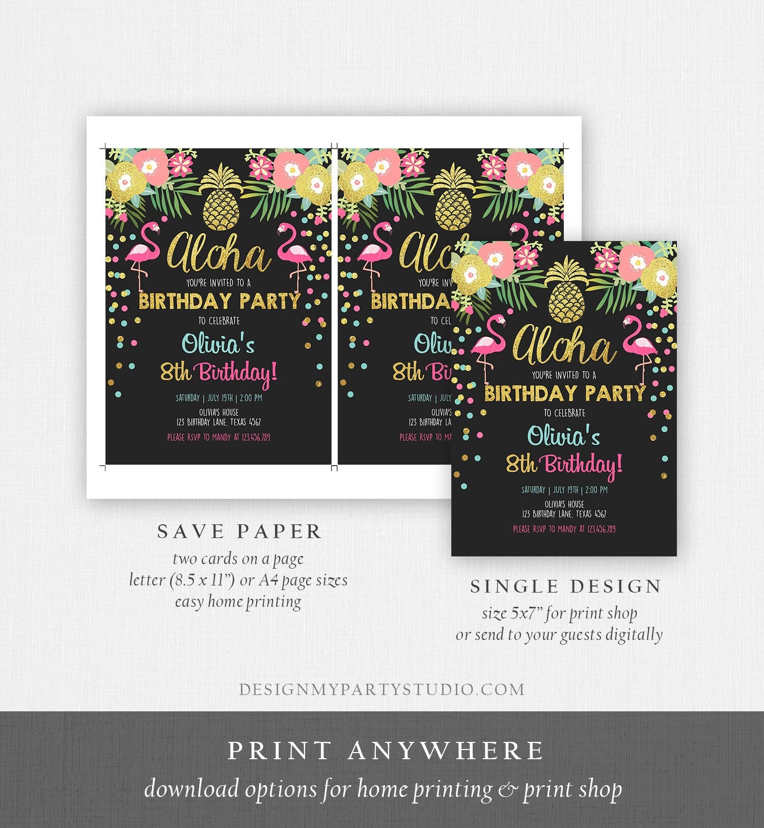 Editable Aloha Birthday Invitation Tropical Flamingo Luau Party Leaves Confetti Chalk Gold Pineapple Hawaiian Corjl Template Printable 0200