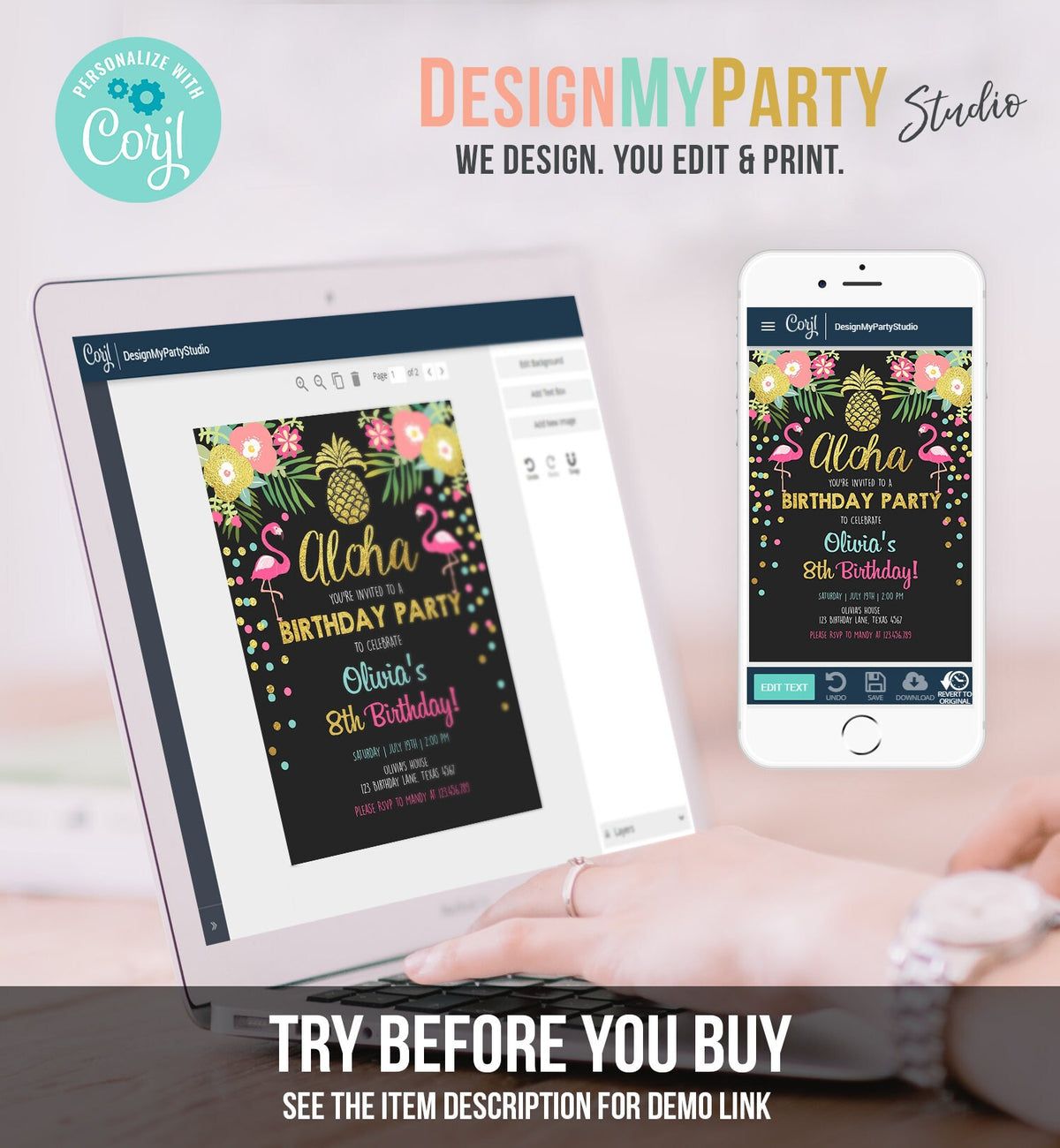 Editable Aloha Birthday Invitation Tropical Flamingo Luau Party Leaves Confetti Chalk Gold Pineapple Hawaiian Corjl Template Printable 0200