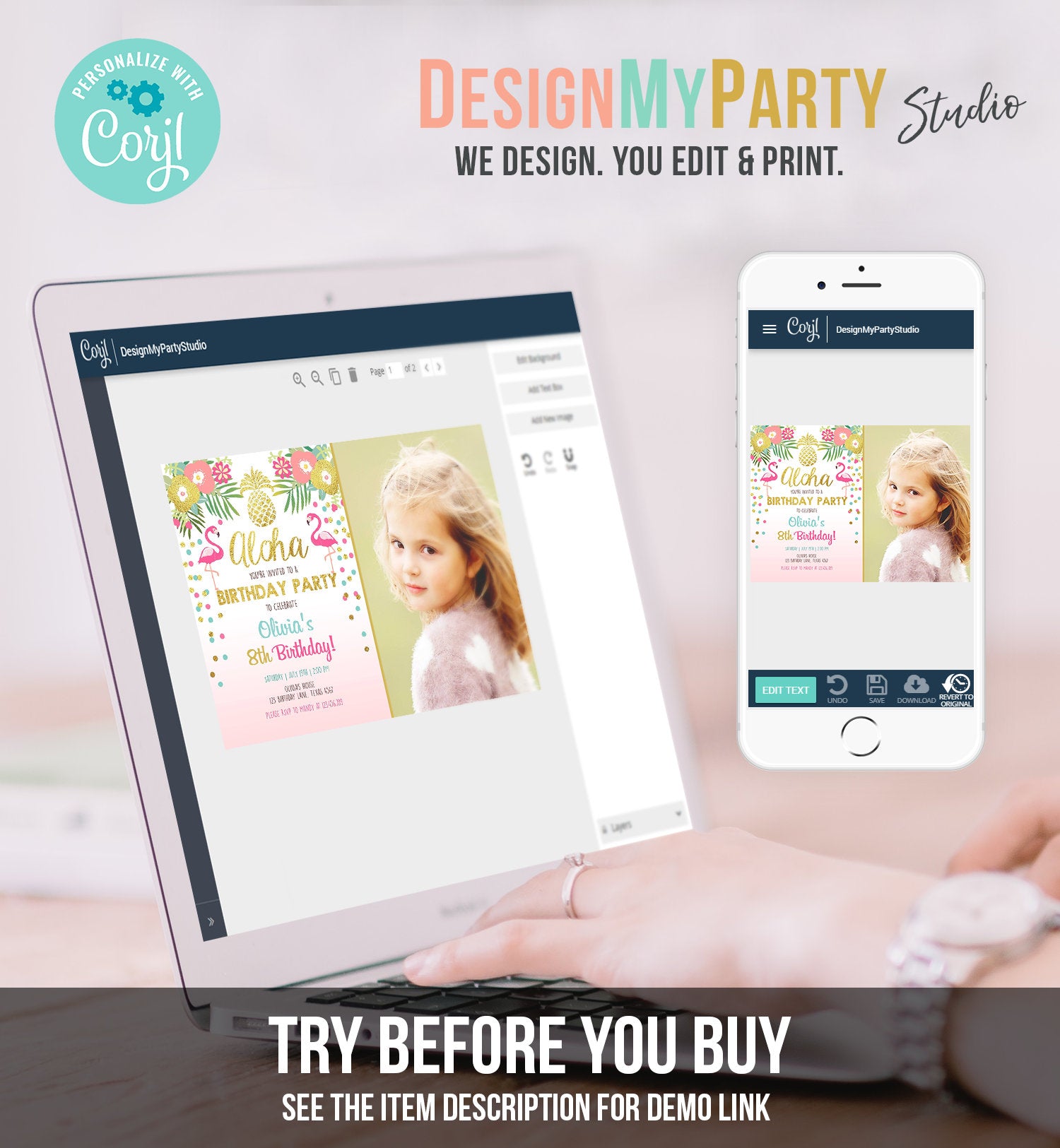 Editable Aloha Birthday Invitation Tropical Flamingo Luau Party Leaves Confetti Pink Gold Pineapple Hawaiian Corjl Template Printable 0200