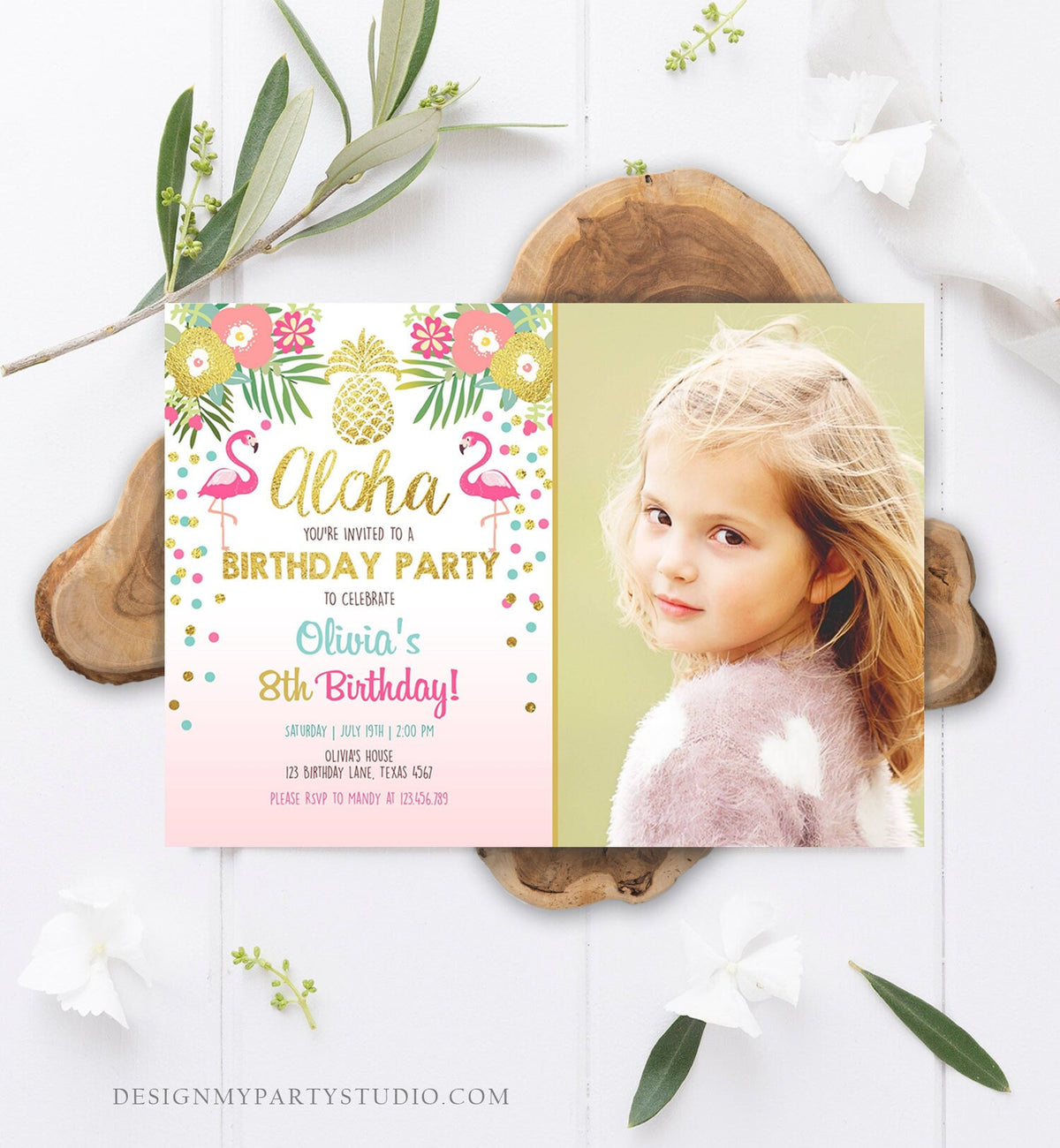 Editable Aloha Birthday Invitation Tropical Flamingo Luau Party Leaves Confetti Pink Gold Pineapple Hawaiian Corjl Template Printable 0200