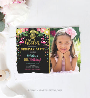 Editable Aloha Birthday Invitation Tropical Flamingo Luau Party Leaves Confetti Pink Gold Pineapple Hawaiian Corjl Template Printable 0200