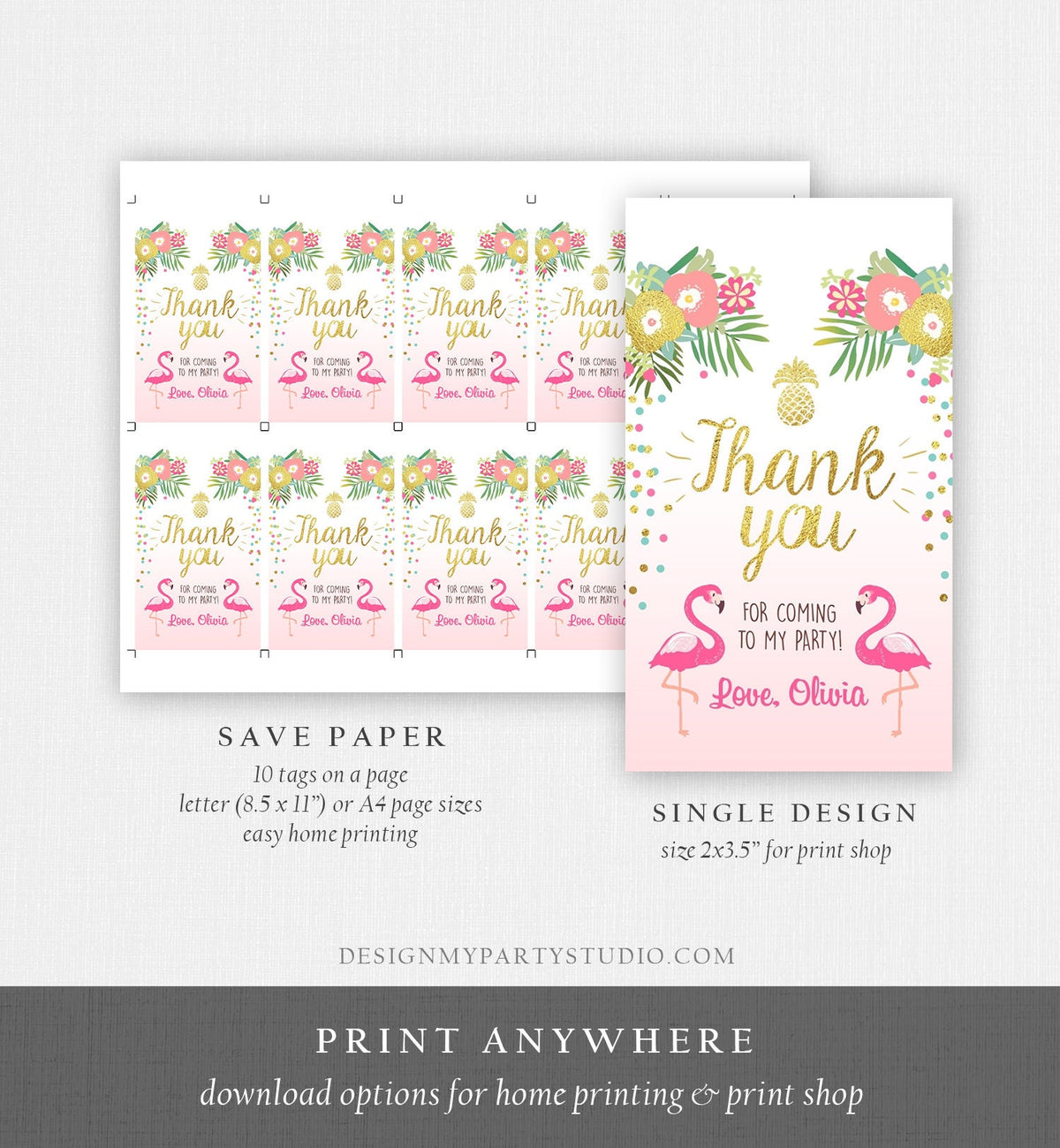 Editable Tropical Aloha Favor Tag Flamingo Luau Party Thank You Tags Birthday Pool Party Pink Gold Label Corjl Template Printable 0200