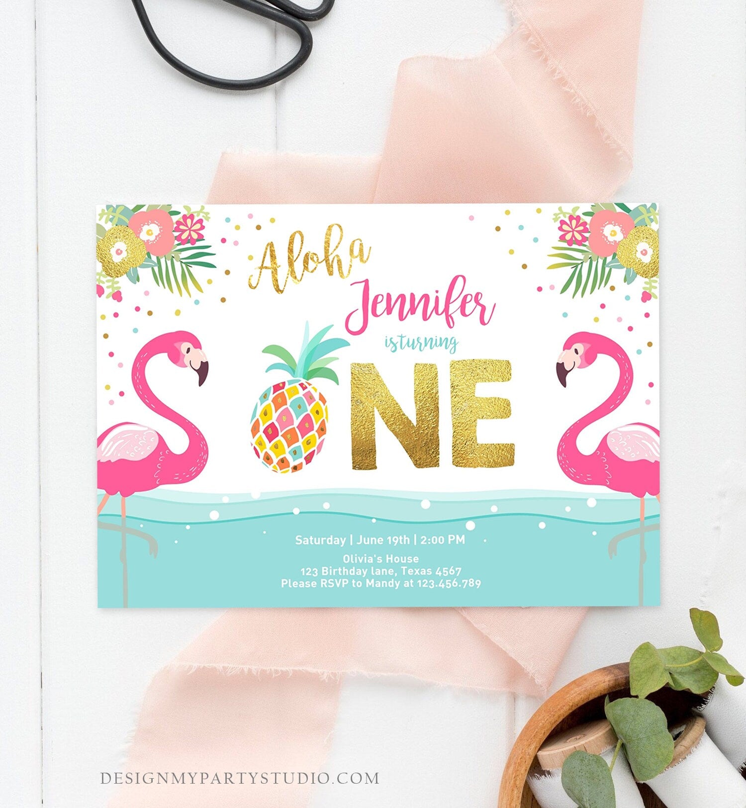 Editable Aloha Tropical First Birthday Invitation Flamingo Luau Party Leaves Pink Gold Pineapple Hawaiian Corjl Template Printable 0200