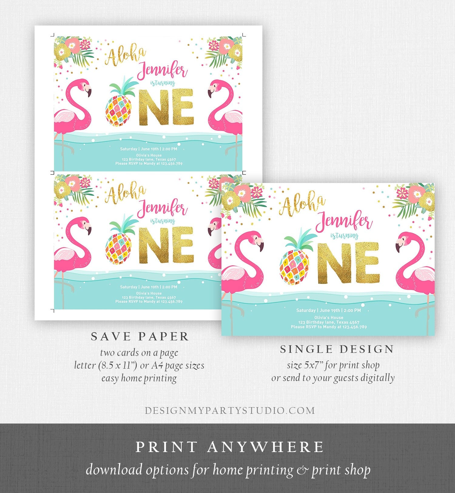 Editable Aloha Tropical First Birthday Invitation Flamingo Luau Party Leaves Pink Gold Pineapple Hawaiian Corjl Template Printable 0200