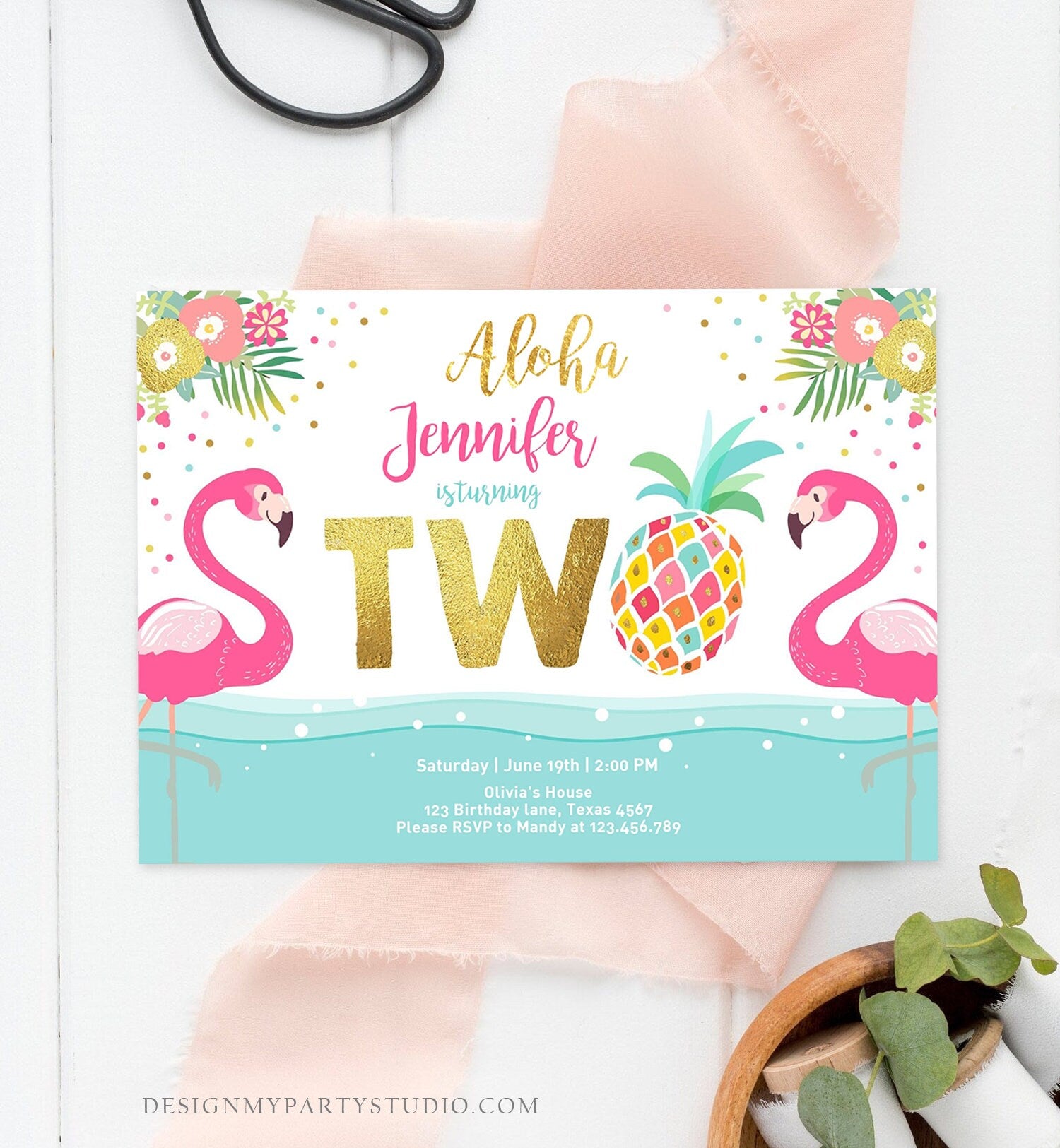 Editable Aloha Tropical Second Birthday Invitation 2nd Flamingo Luau Party Leaves Pink Gold Pineapple Hawaiian Corjl Template Printable 0200