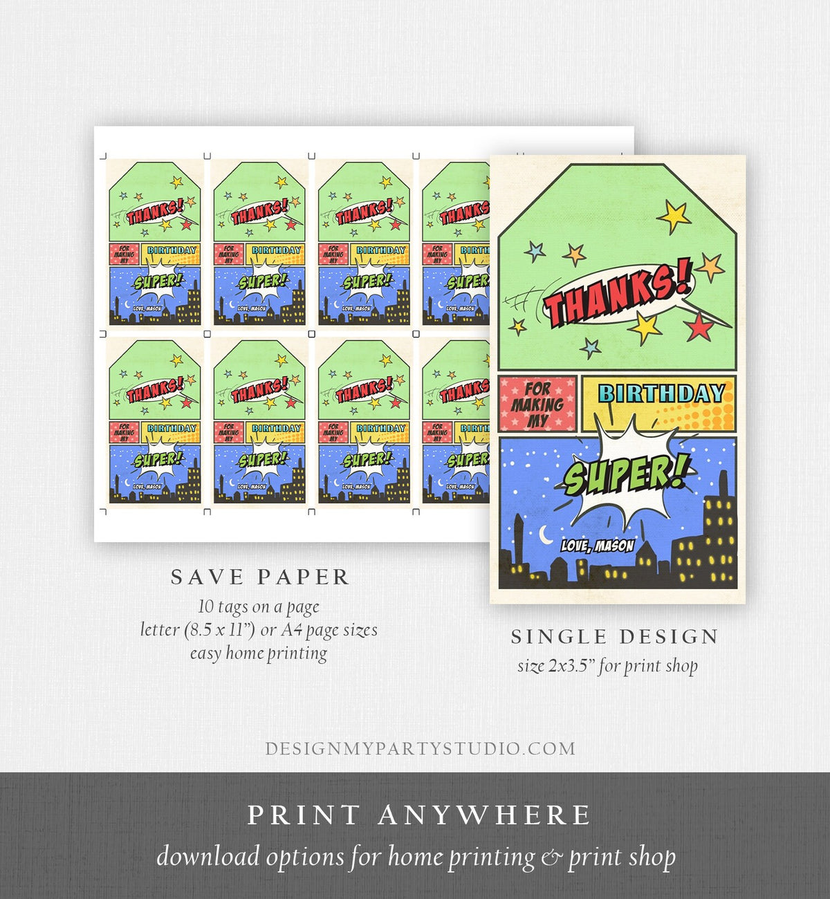 Editable Superhero Favor Tag Super Hero Boy Birthday Superheroes Party Gift Favors Superhero Thank You Digital Corjl Template Printable 0300