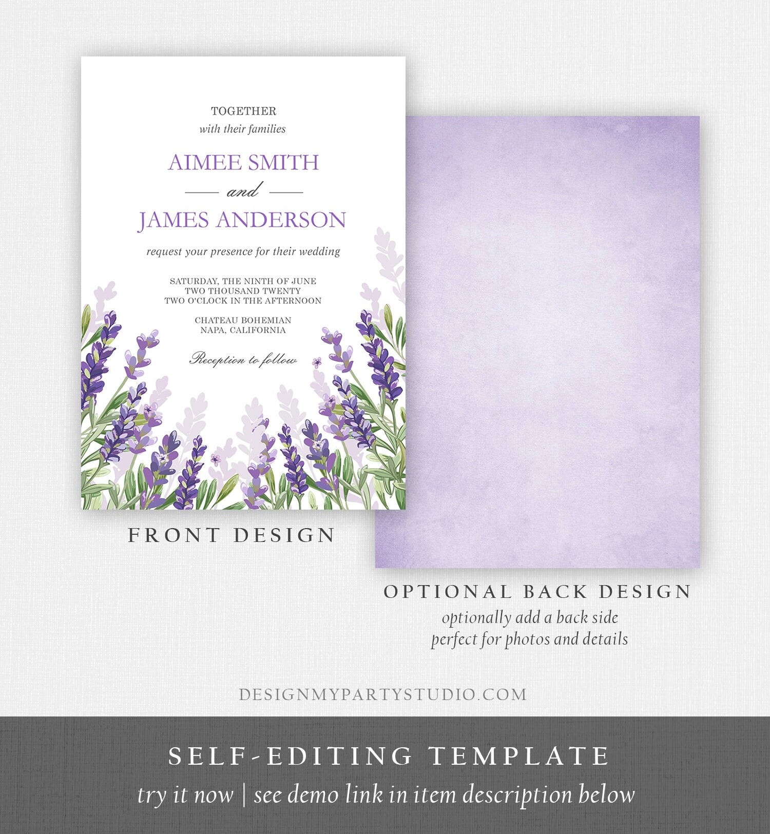 Editable Lavender Wedding Invitation Greenery Foliage Boho Bridal Shower Lilac Blush Lavender Purple Digital Corjl Template Printable 0206