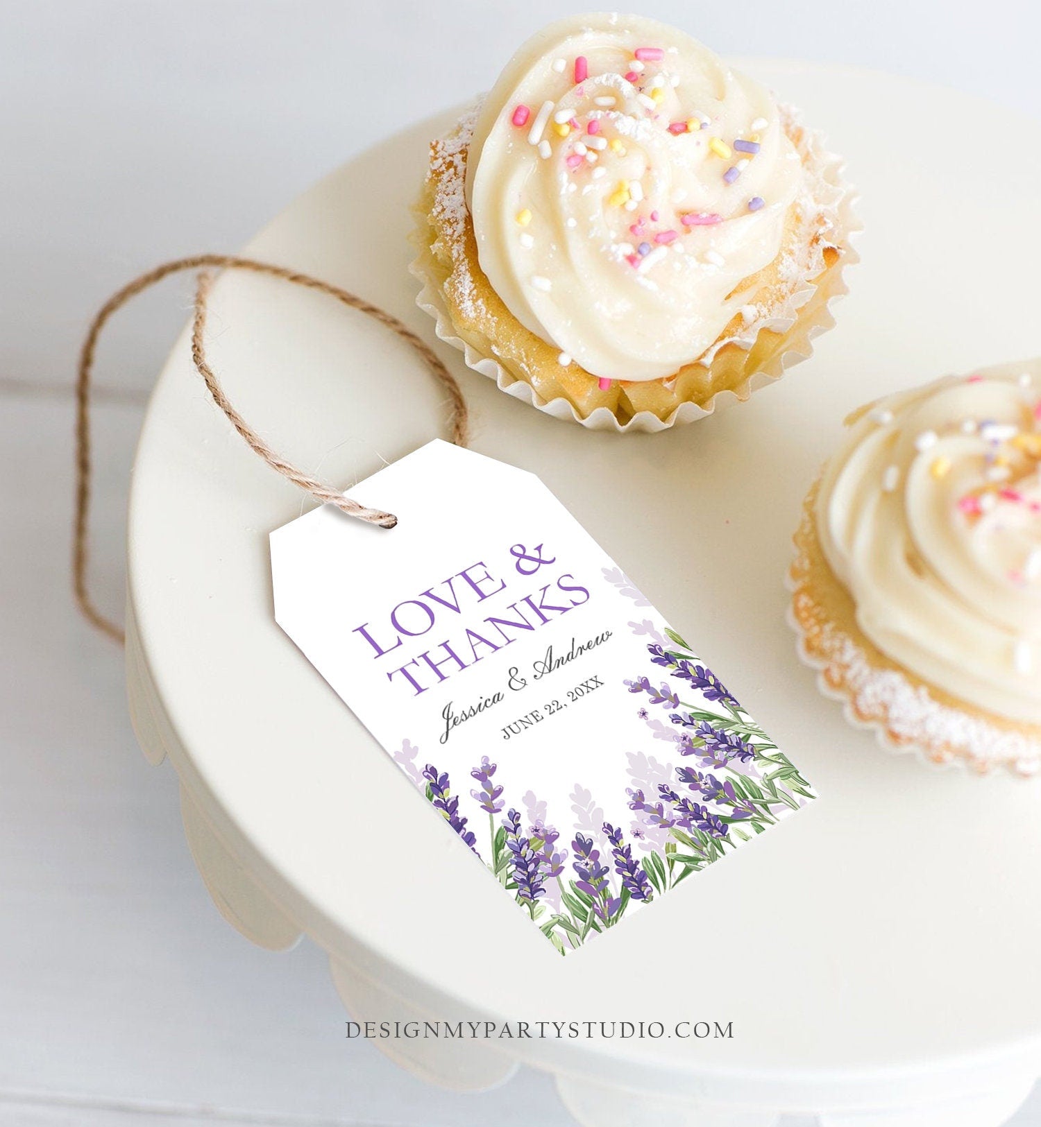 Editable Lavender Favor Tag Thank You Love and Thanks Wedding Bridal Shower Greenery Lilac Blush Purple Corjl Template Printable 0206