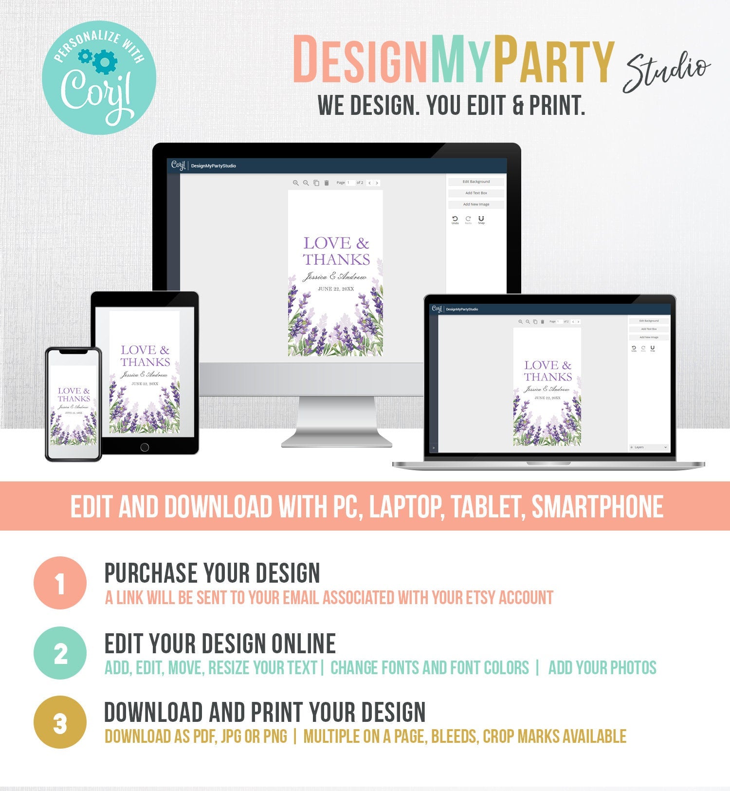 Editable Lavender Favor Tag Thank You Love and Thanks Wedding Bridal Shower Greenery Lilac Blush Purple Corjl Template Printable 0206