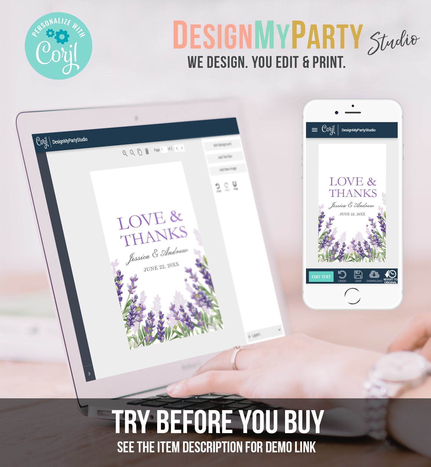 Editable Lavender Favor Tag Thank You Love and Thanks Wedding Bridal Shower Greenery Lilac Blush Purple Corjl Template Printable 0206