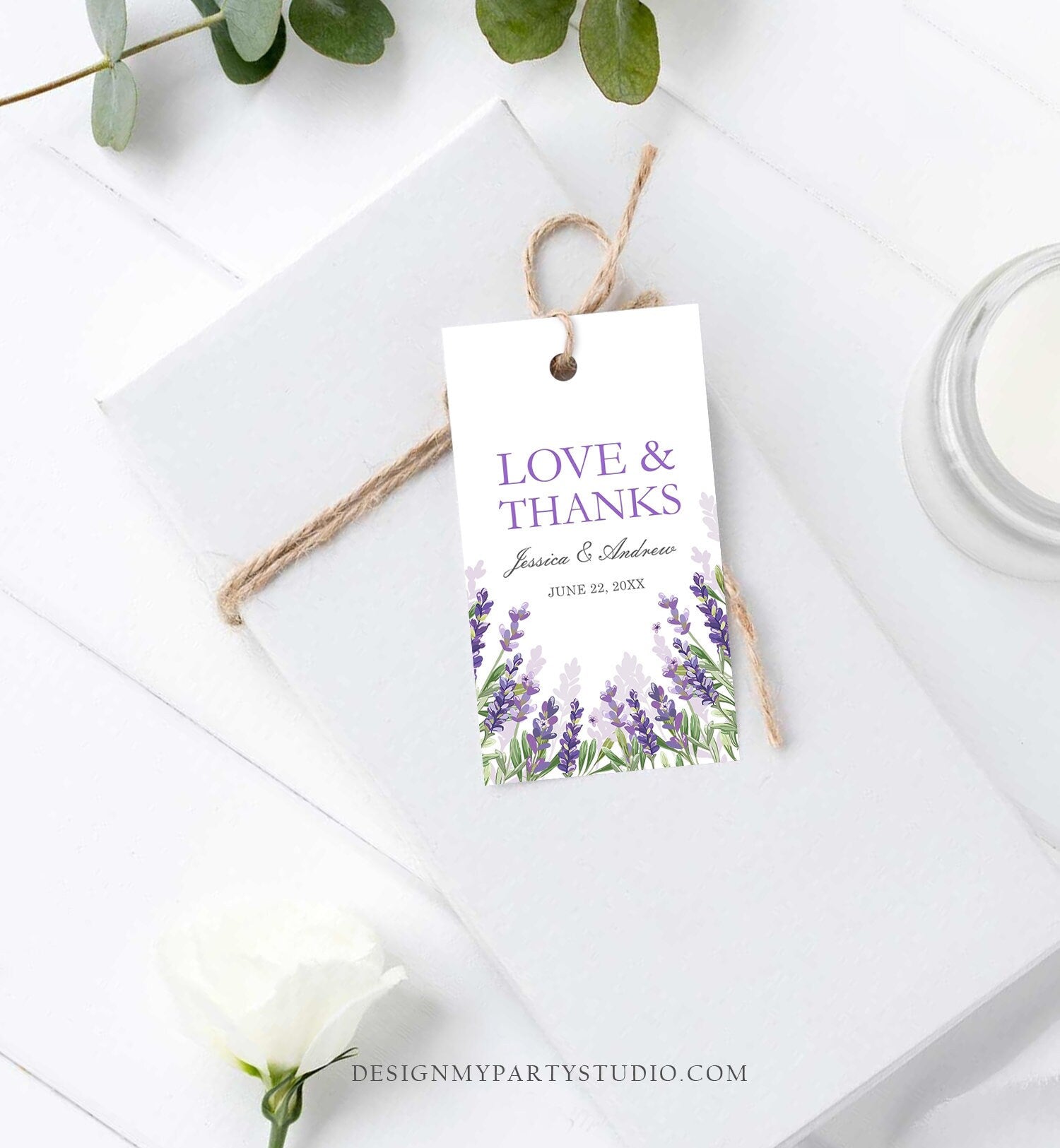 Editable Lavender Favor Tag Thank You Love and Thanks Wedding Bridal Shower Greenery Lilac Blush Purple Corjl Template Printable 0206