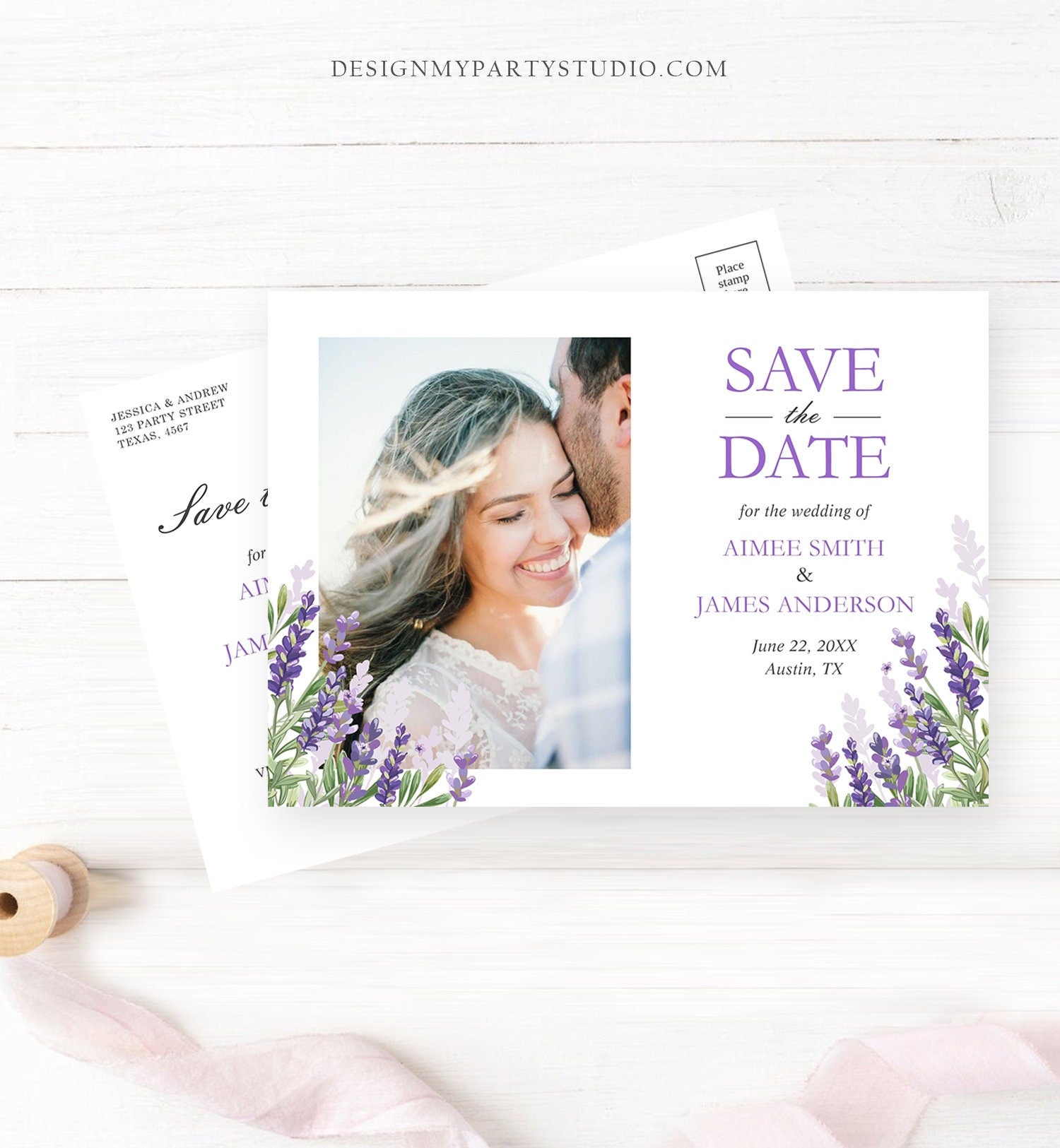 Editable Lavender Save the Date Postcard Greenery Foliage Boho Wedding Lilac Blush Lavender Purple Digital Corjl Template Printable 0206