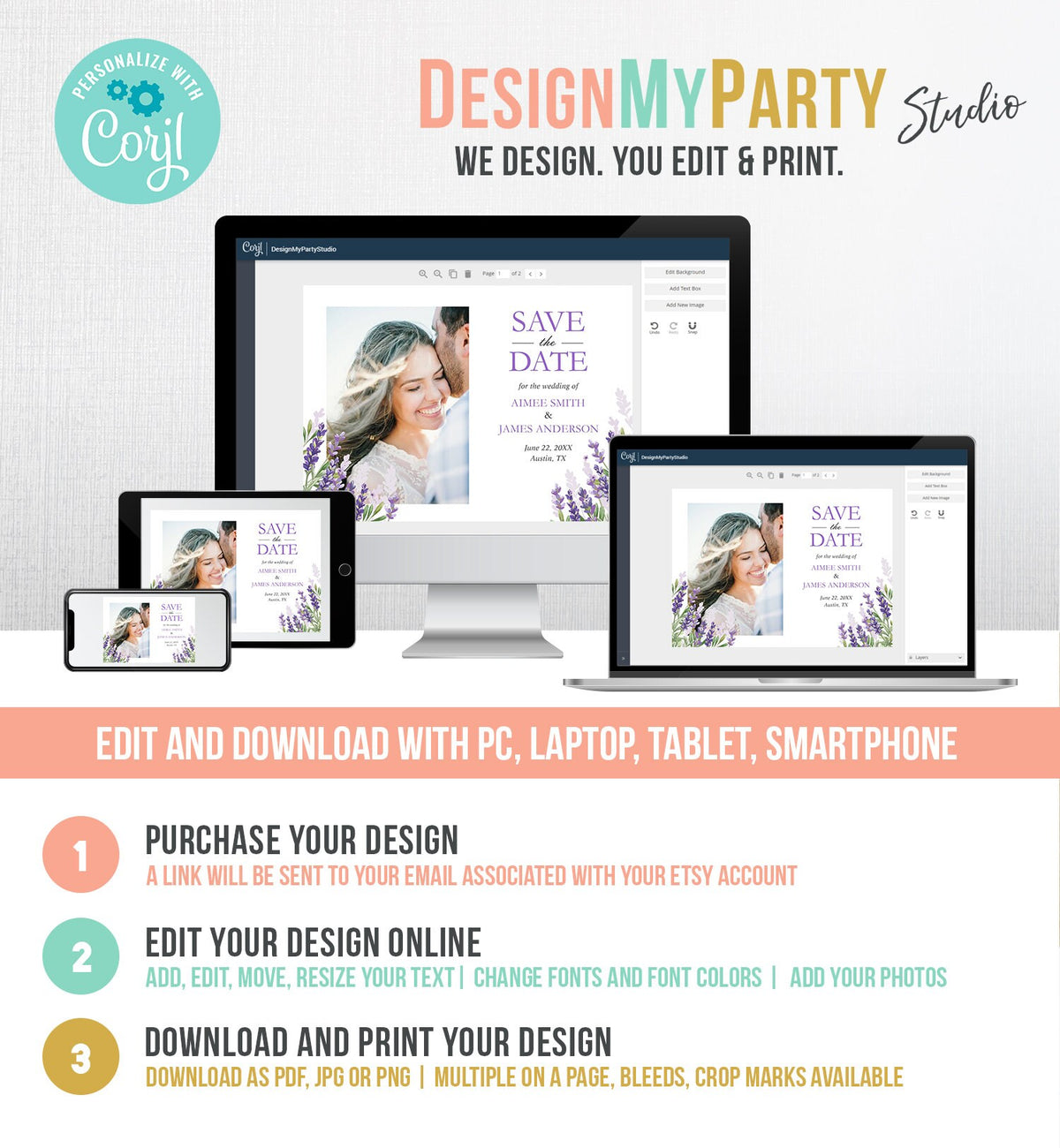 Editable Lavender Save the Date Postcard Greenery Foliage Boho Wedding Lilac Blush Lavender Purple Digital Corjl Template Printable 0206