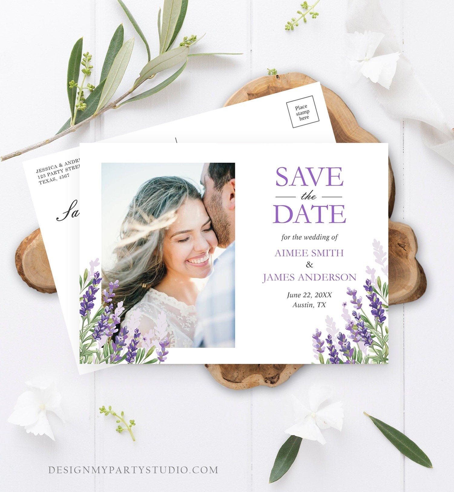 Editable Lavender Save the Date Postcard Greenery Foliage Boho Wedding Lilac Blush Lavender Purple Digital Corjl Template Printable 0206