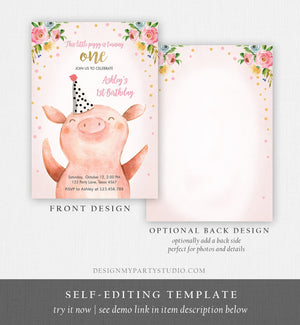 Editable Pig Birthday Invitation Girl Farm Animals Pink Floral Barnyard Party Download Printable Invitation Template Corjl Digital 0188