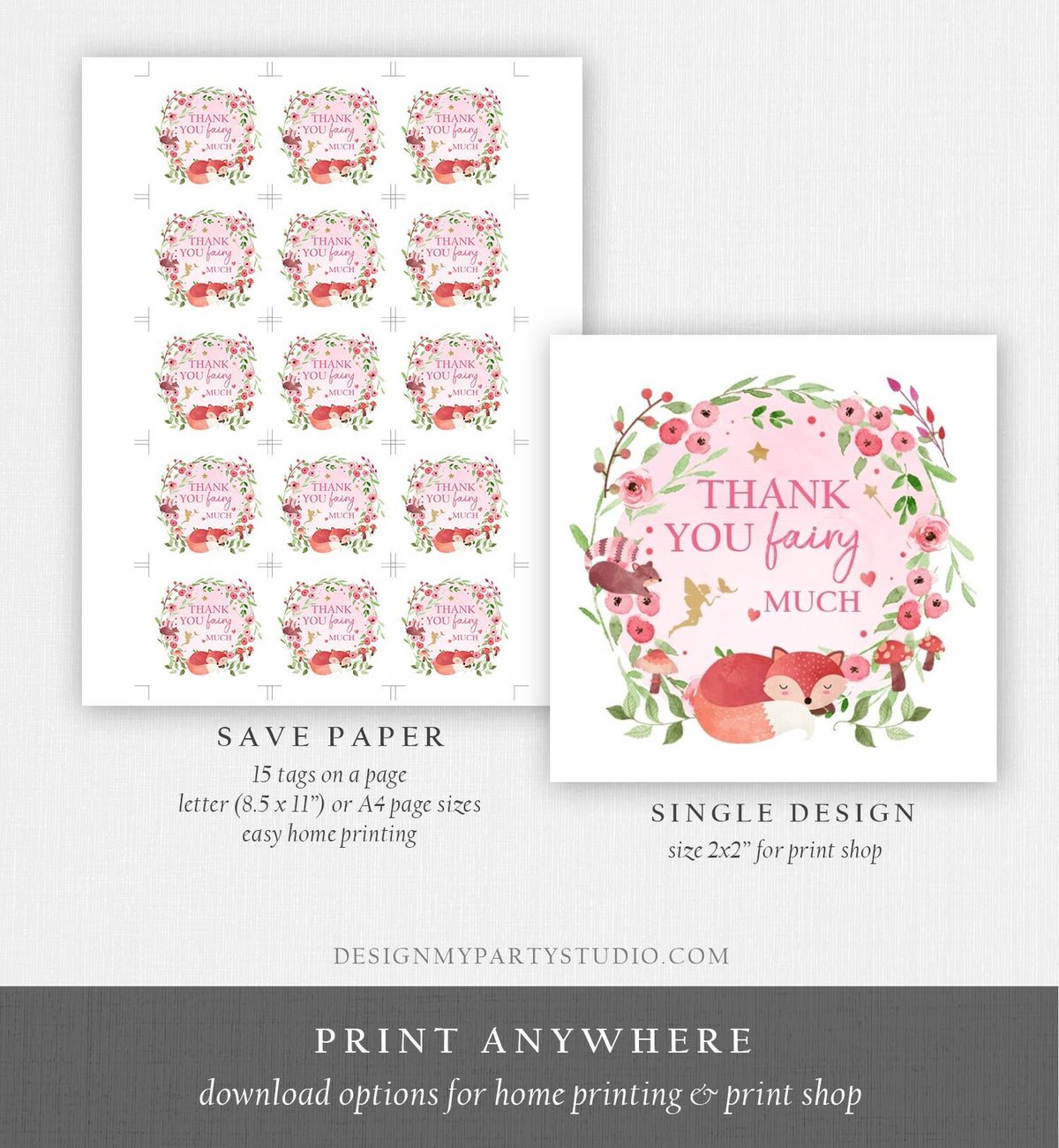 Editable Woodland Fairy Label Enchanted Forest Sticker Round Woodland Animals Girl Birthday Fox Printable Tag Template Corjl PRINTABLE 0173