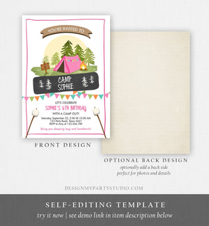 Editable Glamping Party Invitation Camp Out Birthday Invite Bonfire Outdoor Camping Tent Girl Pink Download Printable Template Corjl 0302