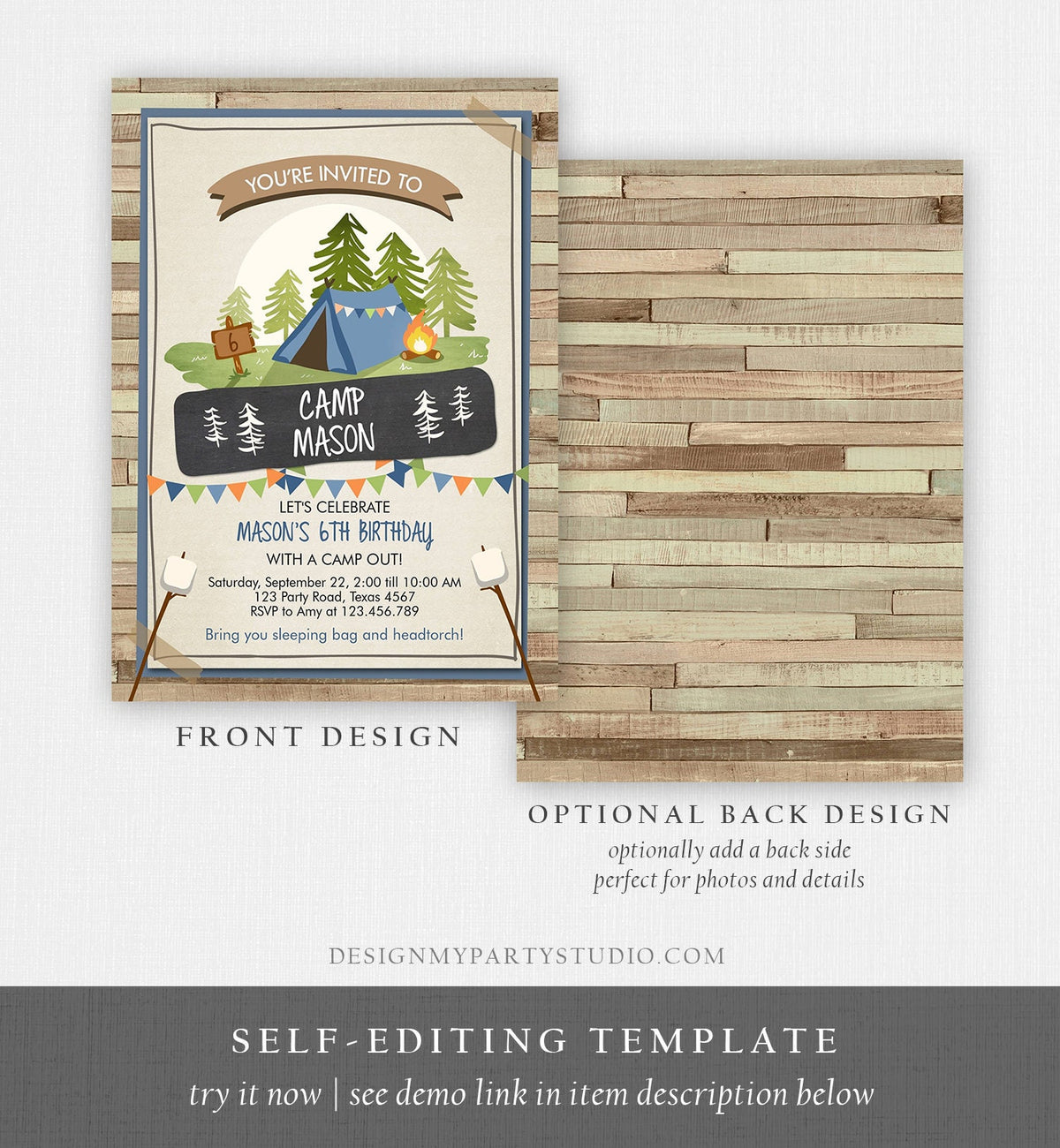 Editable Glamping Party Invitation Camp Out Birthday Invite Bonfire Outdoor Camping Tent Boy Blue Digital Download Template Printable 0302