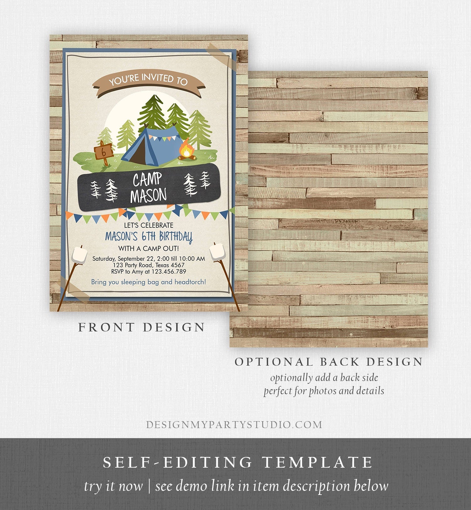 Editable Glamping Party Invitation Camp Out Birthday Invite Bonfire Outdoor Camping Tent Boy Blue Digital Download Template Printable 0302