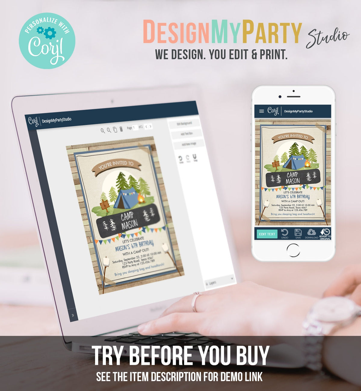 Editable Glamping Party Invitation Camp Out Birthday Invite Bonfire Outdoor Camping Tent Boy Blue Digital Download Template Printable 0302