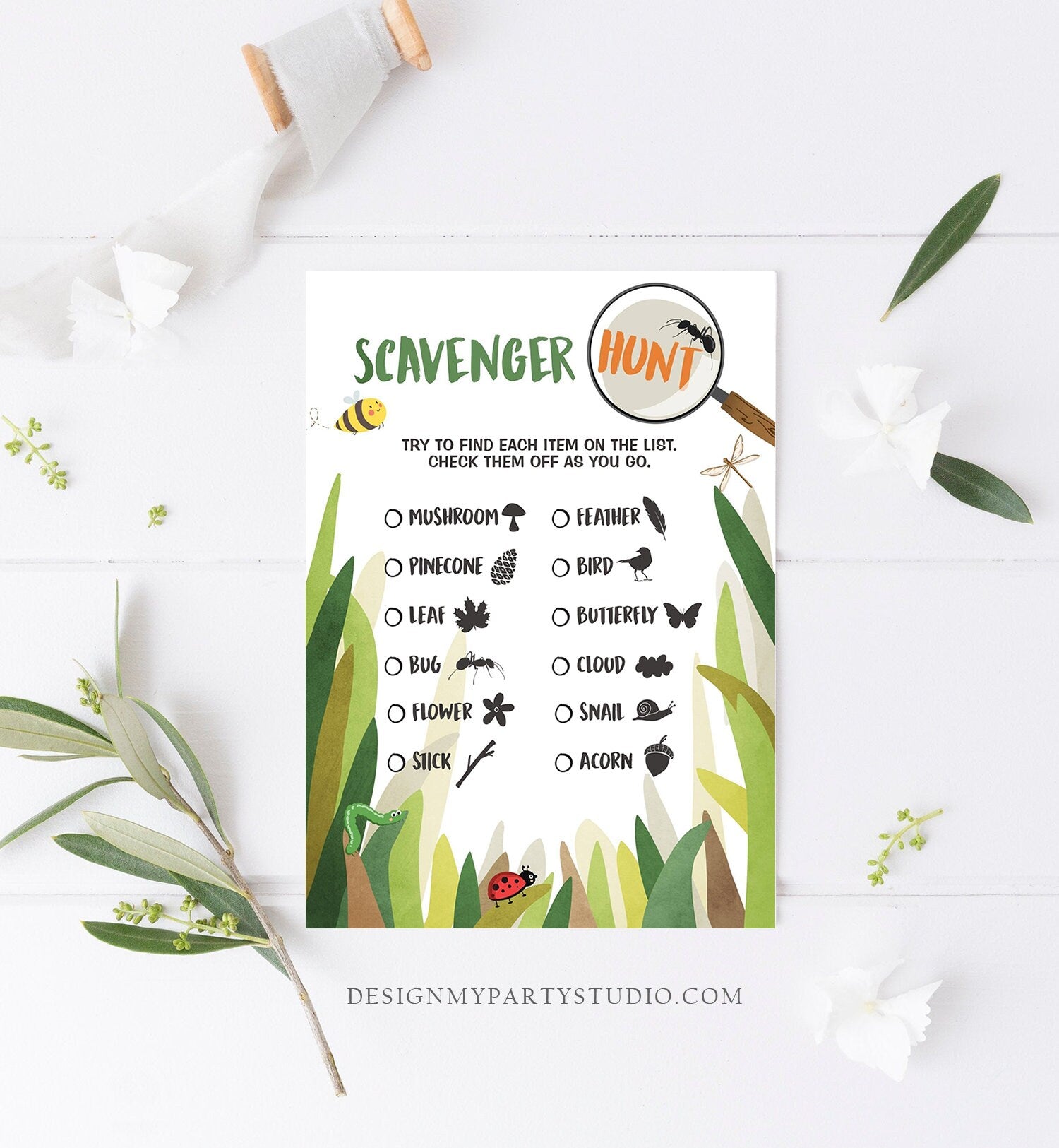 Editable Nature Scavenger Hunt for Kids Hiking Game Camping Party Game Trail Nature Walk Bug Printable Game Download Corjl Template 0090