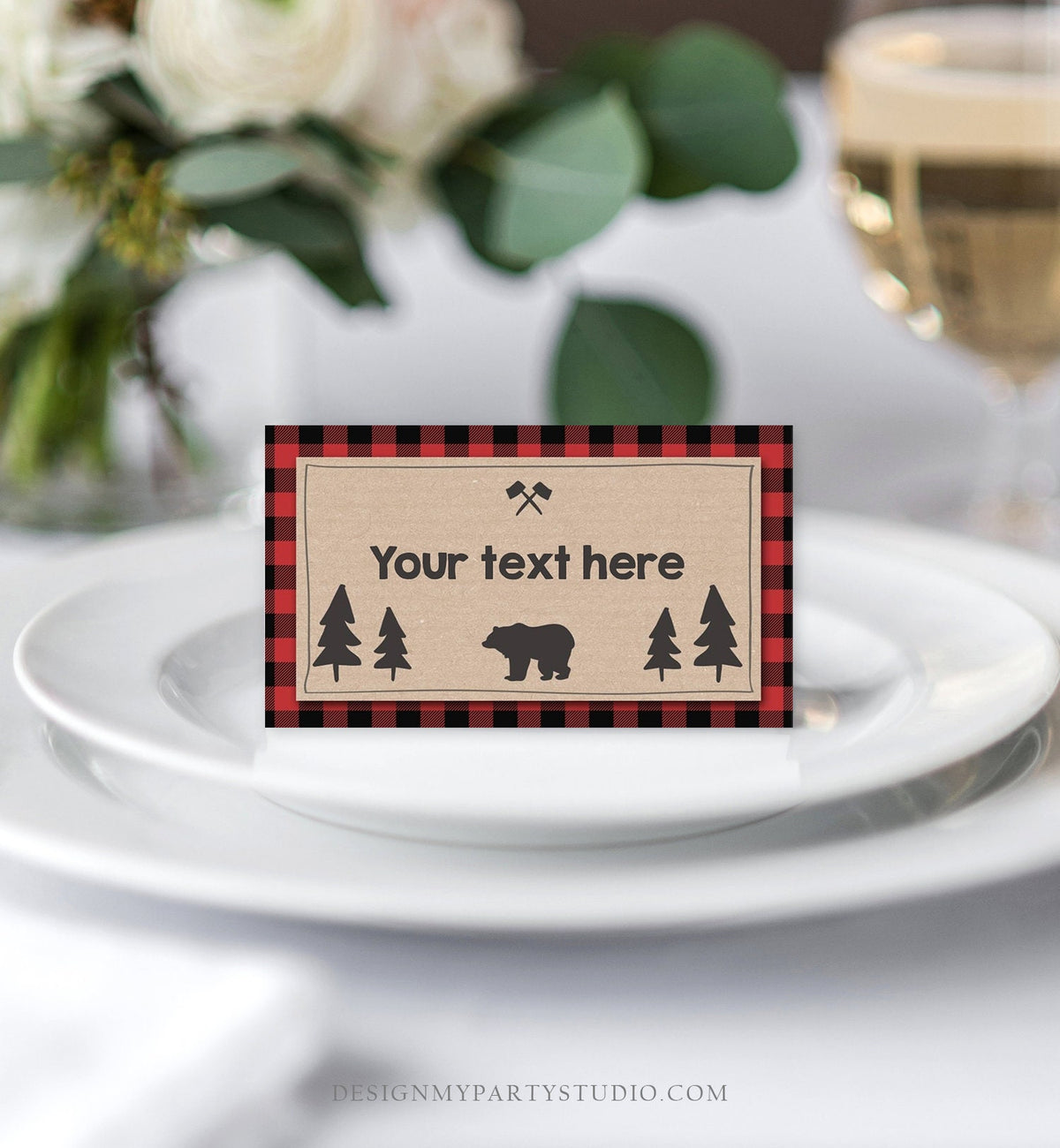 Editable Food Labels Lumberjack Birthday Wild One Buffalo Plaid Place Card Tent Card Escort Bear Woodland Rustic Template Printable 0026
