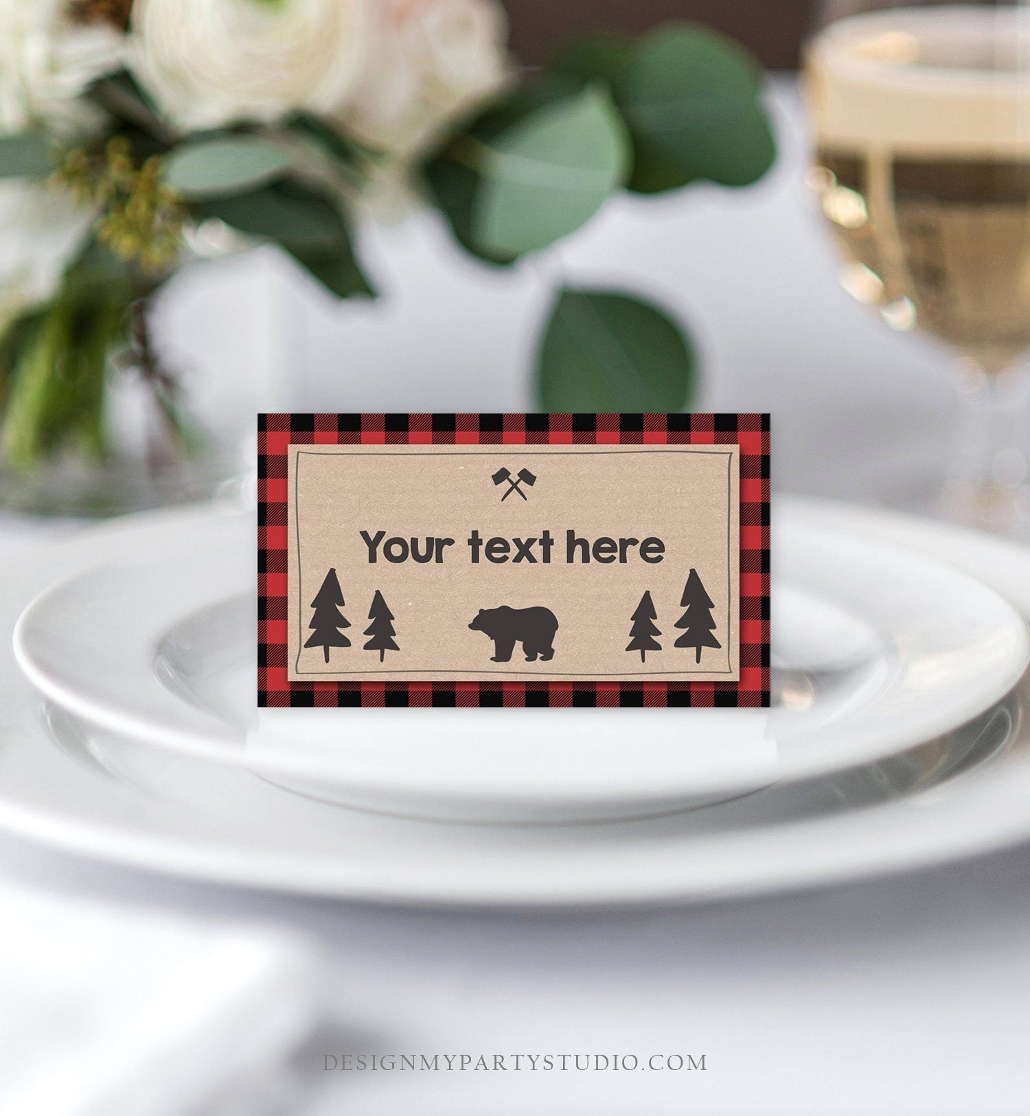 Editable Food Labels Lumberjack Birthday Wild One Buffalo Plaid Place Card Tent Card Escort Bear Woodland Rustic Template Printable 0026