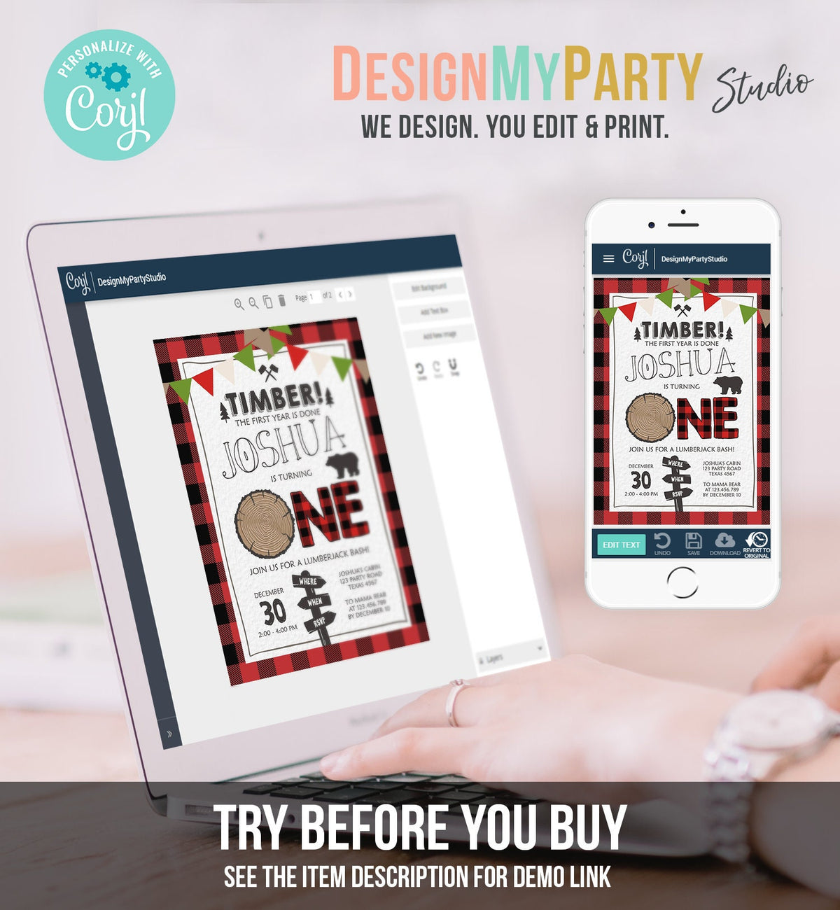 Editable Lumberjack First Birthday Invitation One Lumberjack 1st Birthday Buffalo Plaid Outdoor Bear Boy Printable Corjl Template 0377