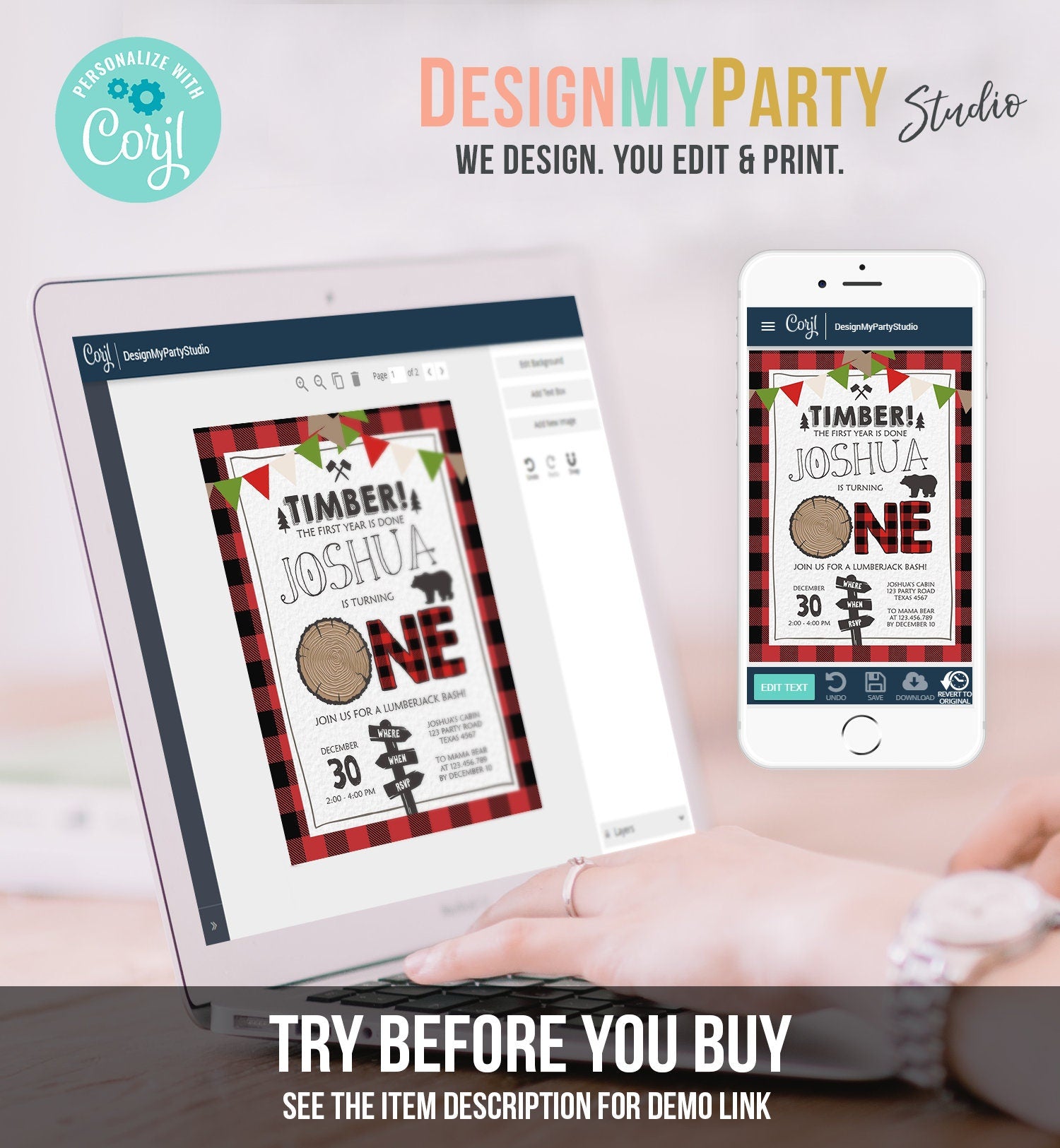 Editable Lumberjack First Birthday Invitation One Lumberjack 1st Birthday Buffalo Plaid Outdoor Bear Boy Printable Corjl Template 0377