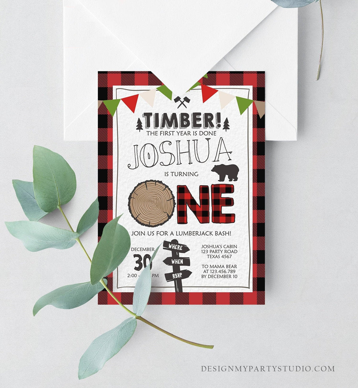 Editable Lumberjack First Birthday Invitation One Lumberjack 1st Birthday Buffalo Plaid Outdoor Bear Boy Printable Corjl Template 0377