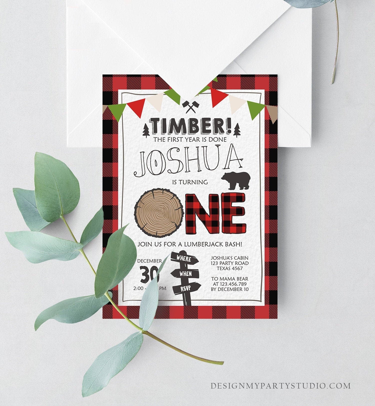 Editable Lumberjack First Birthday Invitation One Lumberjack 1st Birthday Buffalo Plaid Outdoor Bear Boy Printable Corjl Template 0377