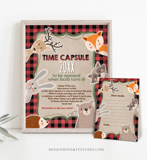Editable Lumberjack Time Capsule First Birthday Party Game Bear Buffalo Plaid Guestbook Digital Download Corjl Template Printable 0303
