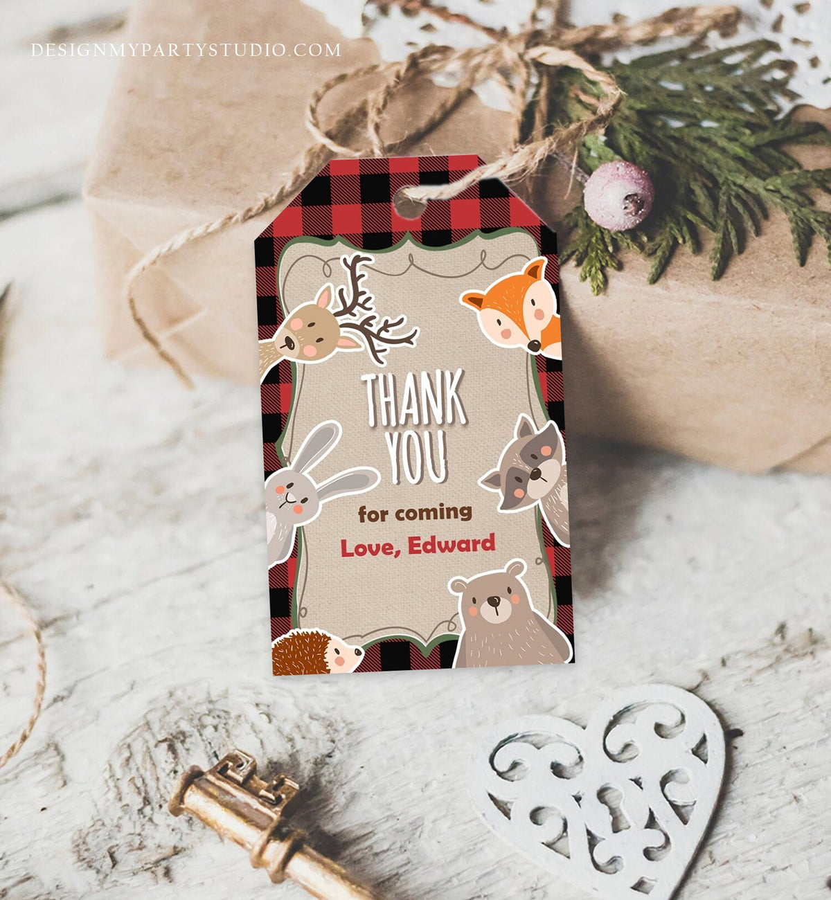 Editable Lumberjack Favor tags Woodland Animals Thank you tags Label tags Woodland Thank you Buffalo Plaid Forest Template Corjl 0303