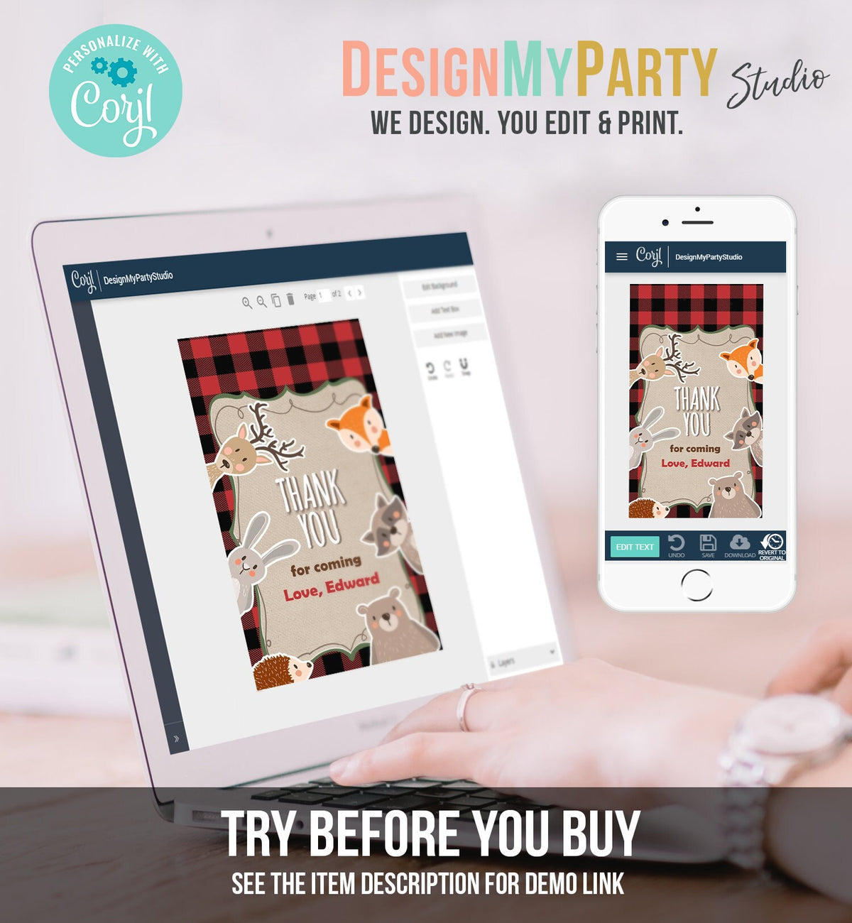 Editable Lumberjack Favor tags Woodland Animals Thank you tags Label tags Woodland Thank you Buffalo Plaid Forest Template Corjl 0303